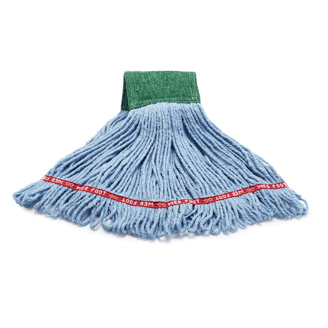 The Rubbermaid Commercial Scrubbing Wet Mop features an integrated scrubbing headband that removes stuck-on messes faster without interrupting the mopping process.