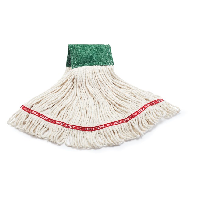 The Rubbermaid Commercial Scrubbing Wet Mop features an integrated scrubbing headband that removes stuck-on messes faster without interrupting the mopping process.