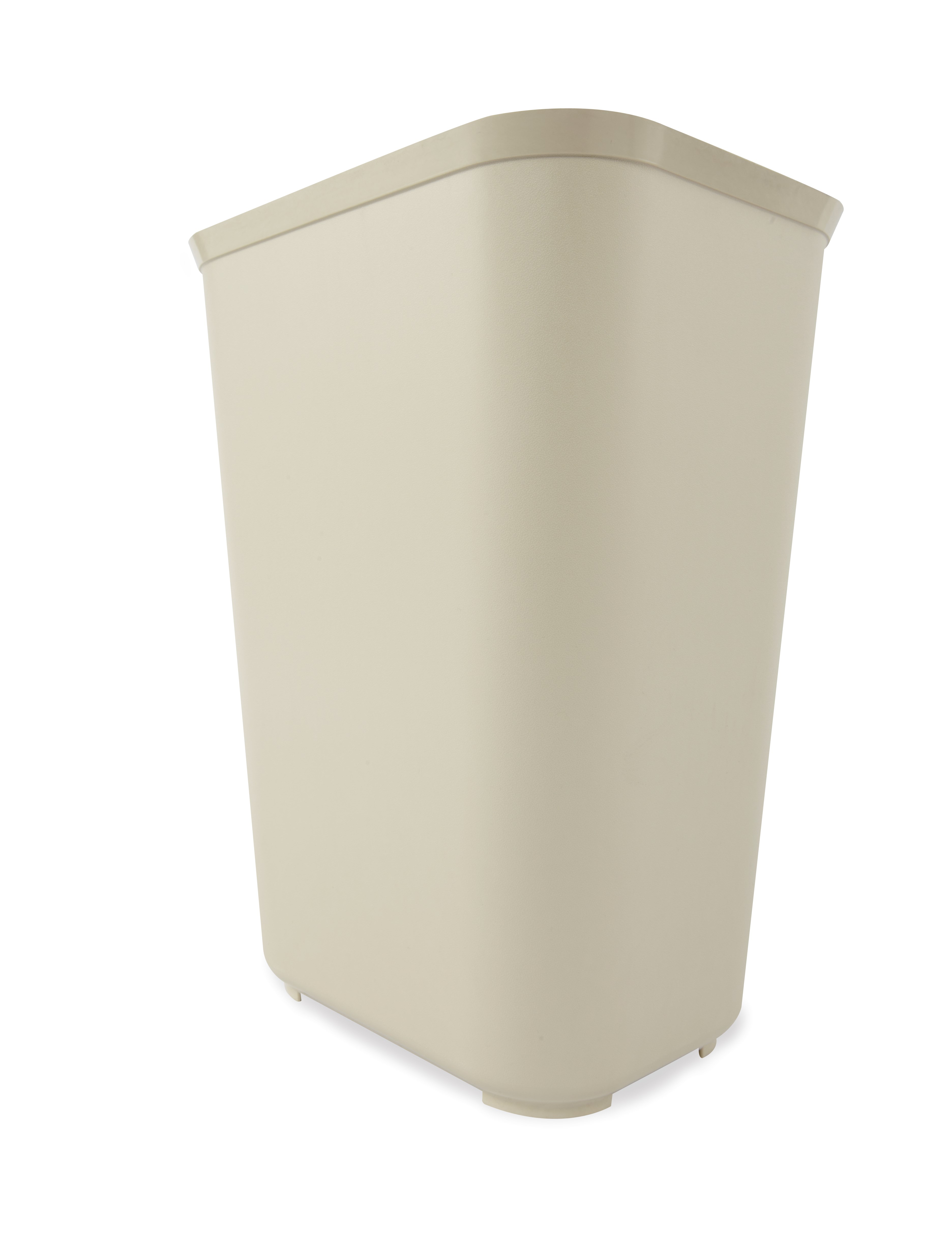 The Rubbermaid Commercial Fire-Resistant Wastebasket features a contemporary shape with a UL rating.