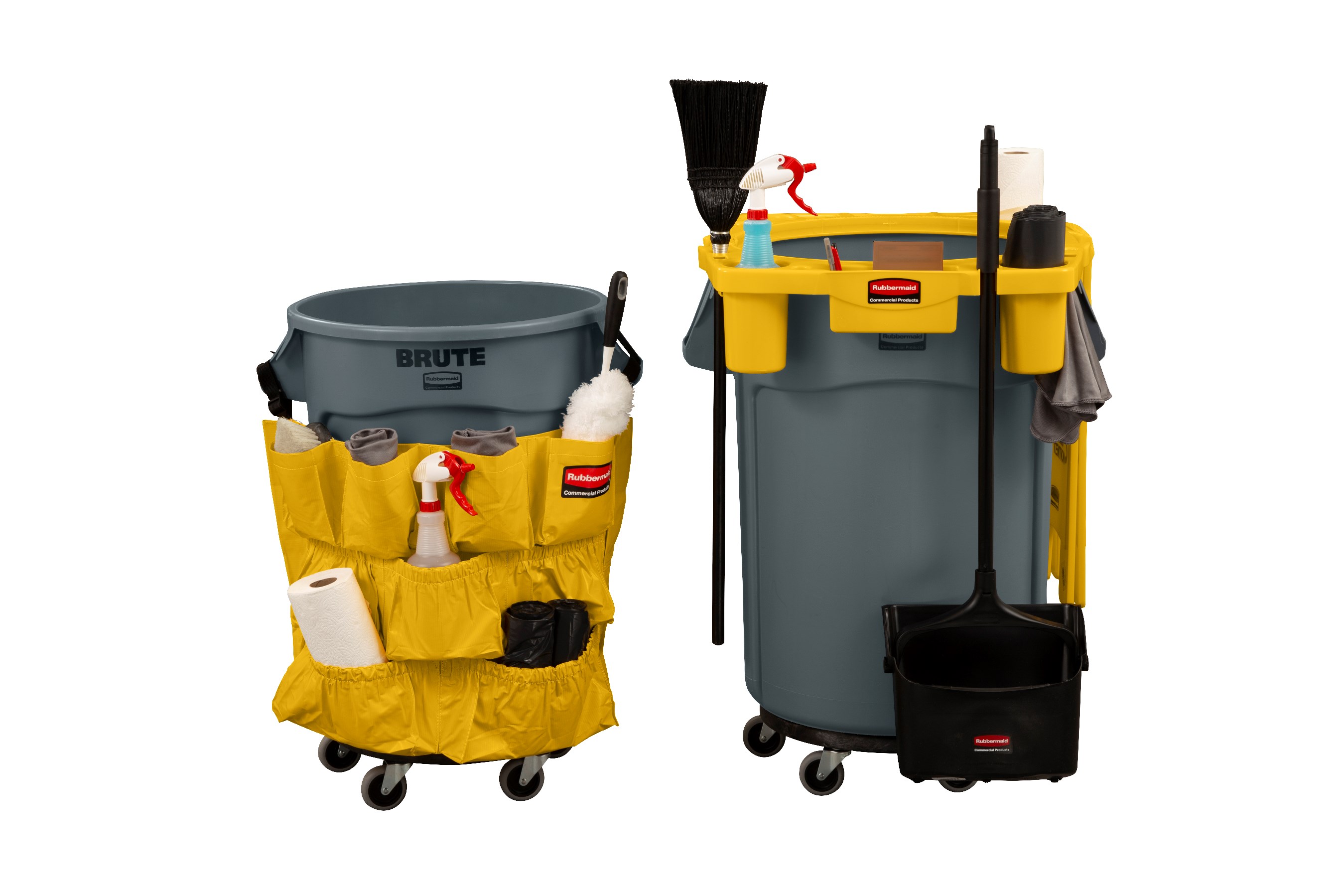 The Rubbermaid Commercial BRUTE® Rim Caddy snaps securely onto the rim of  44 Gallon BRUTE® Containers.