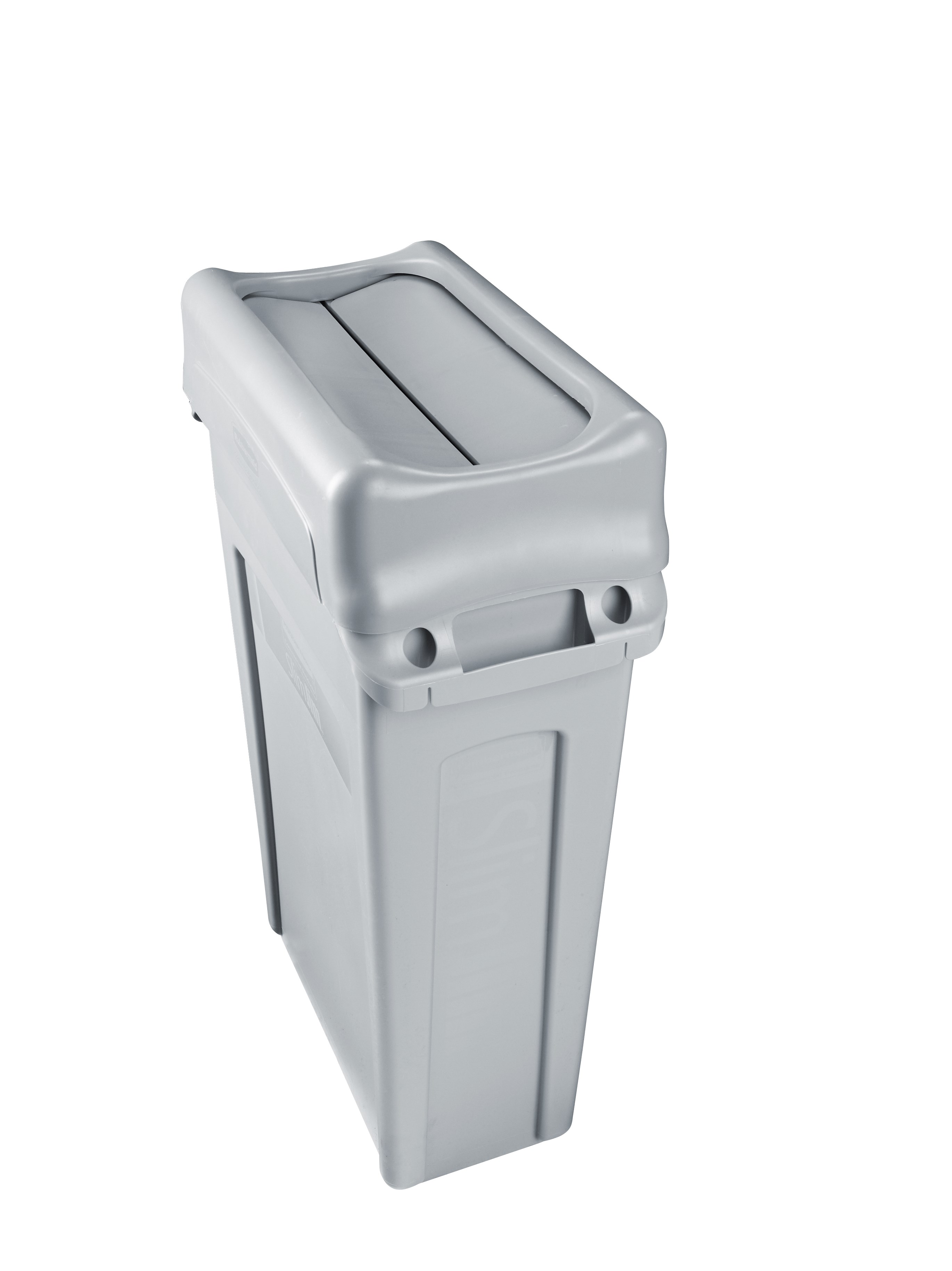 The Rubbermaid Commercial Slim Jim® Swing Lid promotes recycling and improves productivity. The swing lid provides easy access for trash disposal and then swings back to hide trash from public view. Lids encourage waste separation and recycling with interchangeable, color-coded tops. The heavy-duty sturdy plastic is rust-proof and easy to clean.
