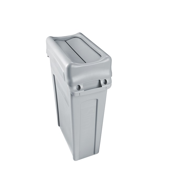 The Slim Jim® Swing Lid promotes recycling and improves productivity. The swing lid provides easy access for trash disposal and then swings back to hide trash from public view. Lids encourage waste separation and recycling with interchangeable, color-coded tops. The heavy-duty sturdy plastic is rust-proof and easy to clean.