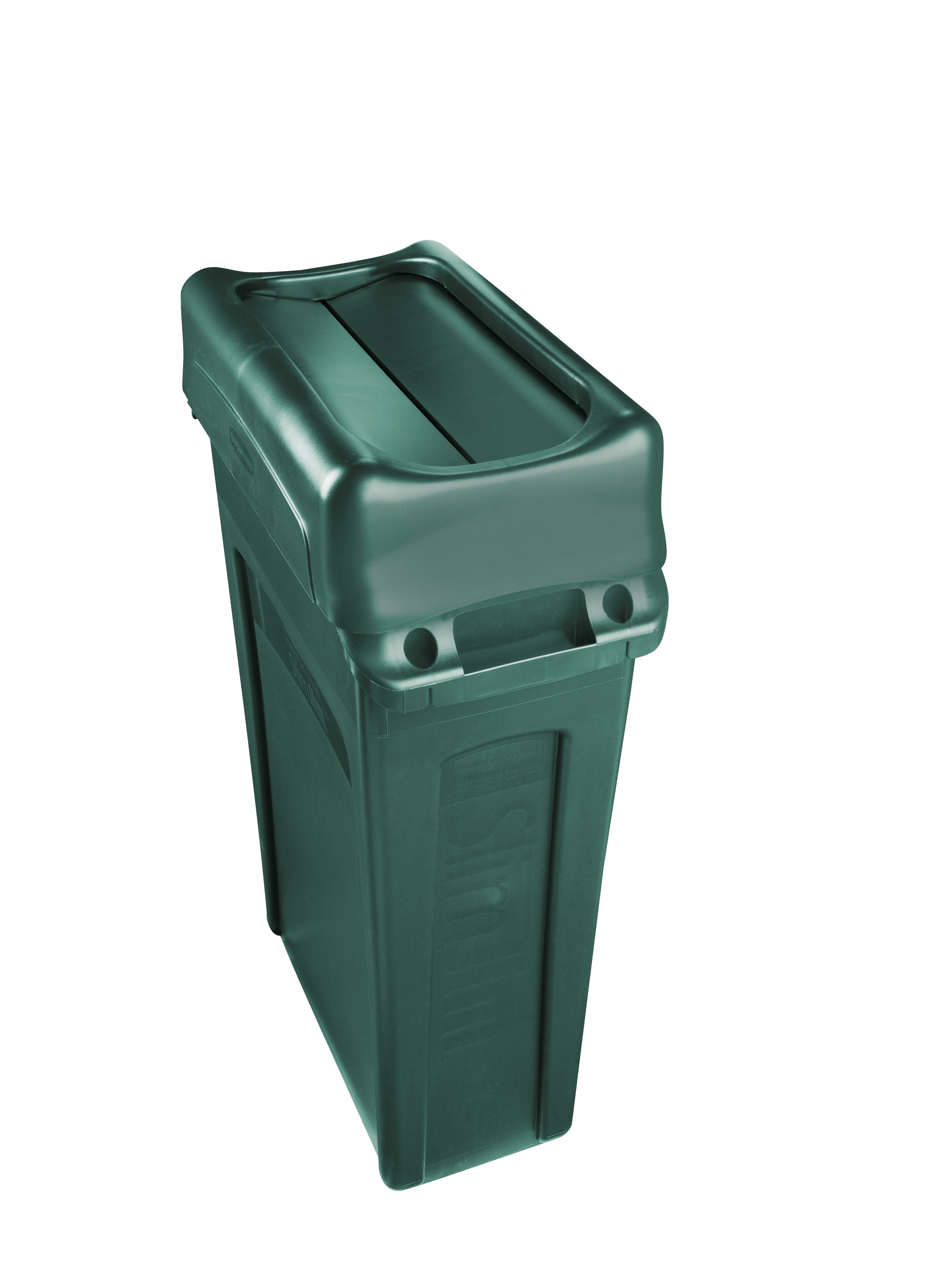 The Rubbermaid Commercial Slim Jim® Swing Lid promotes recycling and improves productivity. The swing lid provides easy access for trash disposal and then swings back to hide trash from public view. Lids encourage waste separation and recycling with interchangeable, color-coded tops. The heavy-duty sturdy plastic is rust-proof and easy to clean.
