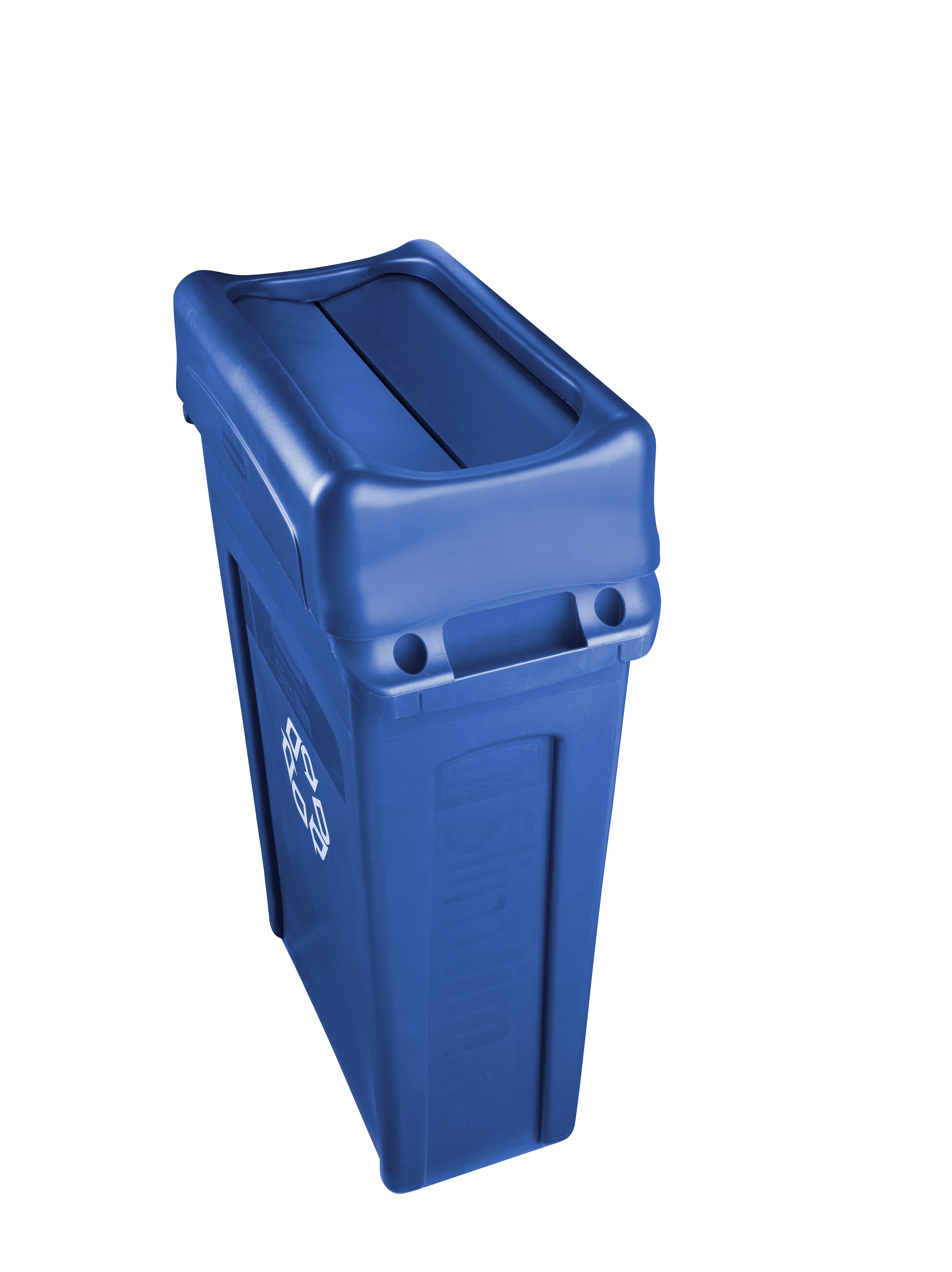 The Rubbermaid Commercial Slim Jim® Swing Lid promotes recycling and improves productivity. The swing lid provides easy access for trash disposal and then swings back to hide trash from public view. Lids encourage waste separation and recycling with interchangeable, color-coded tops. The heavy-duty sturdy plastic is rust-proof and easy to clean.
