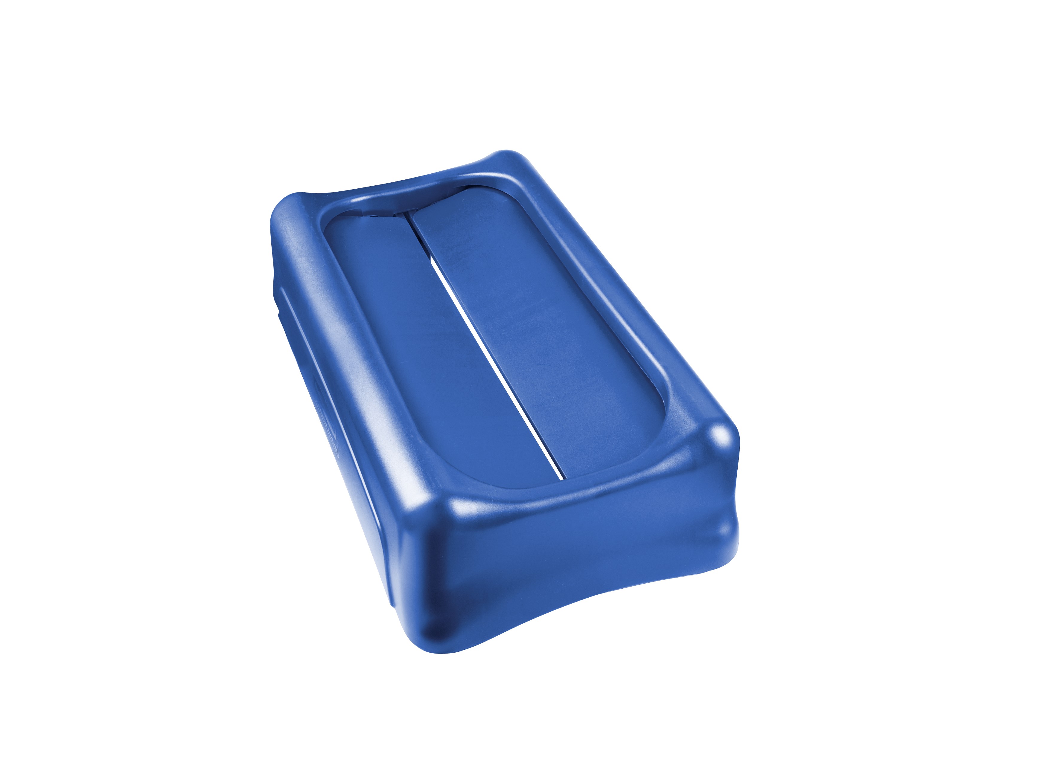 The Rubbermaid Commercial Slim Jim® Swing Lid promotes recycling and improves productivity. The swing lid provides easy access for trash disposal and then swings back to hide trash from public view. Lids encourage waste separation and recycling with interchangeable, color-coded tops. The heavy-duty sturdy plastic is rust-proof and easy to clean.