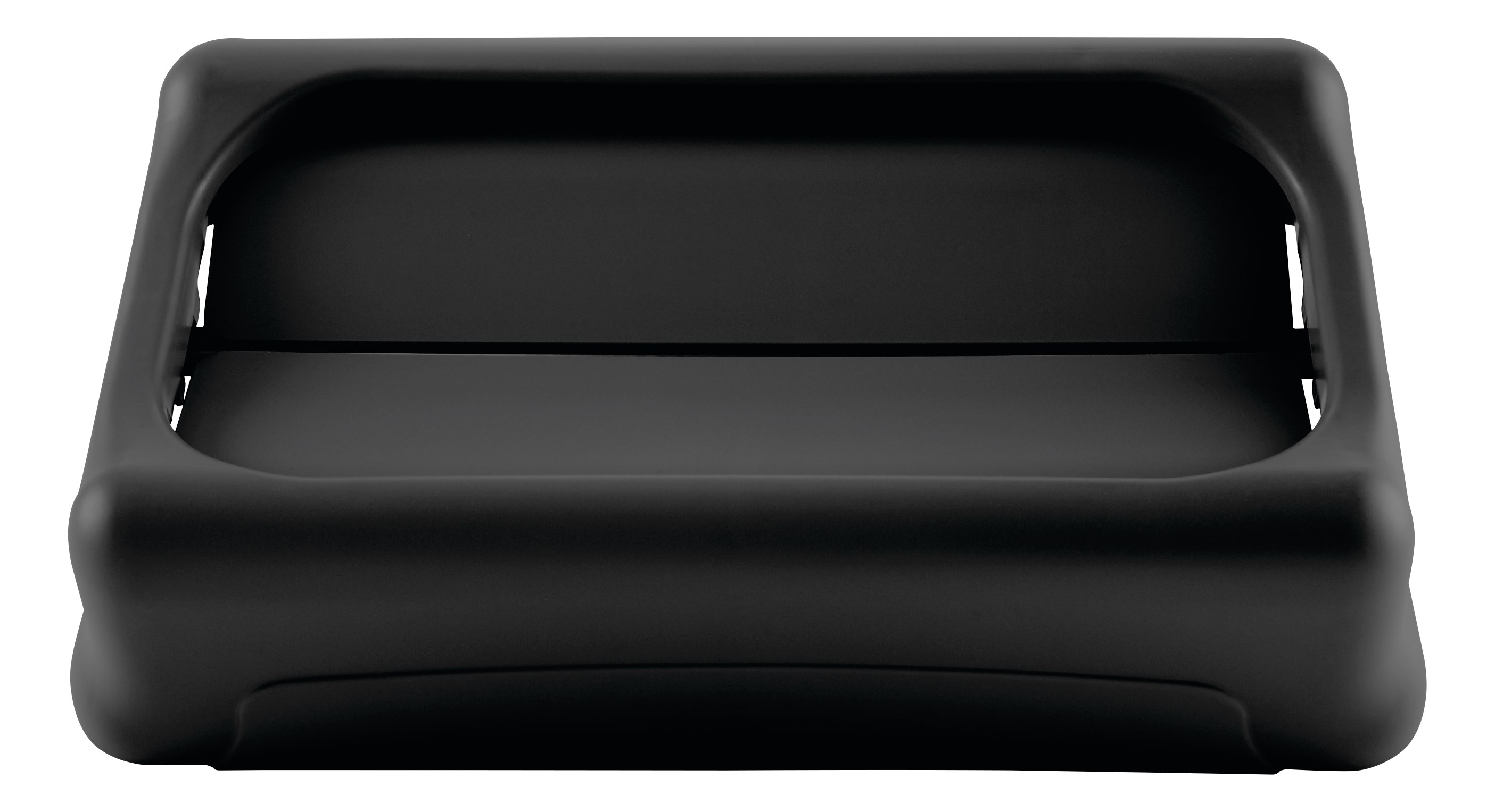 The Rubbermaid Commercial Slim Jim® Swing Lid promotes recycling and improves productivity. The swing lid provides easy access for trash disposal and then swings back to hide trash from public view. Lids encourage waste separation and recycling with interchangeable, color-coded tops. The heavy-duty sturdy plastic is rust-proof and easy to clean.