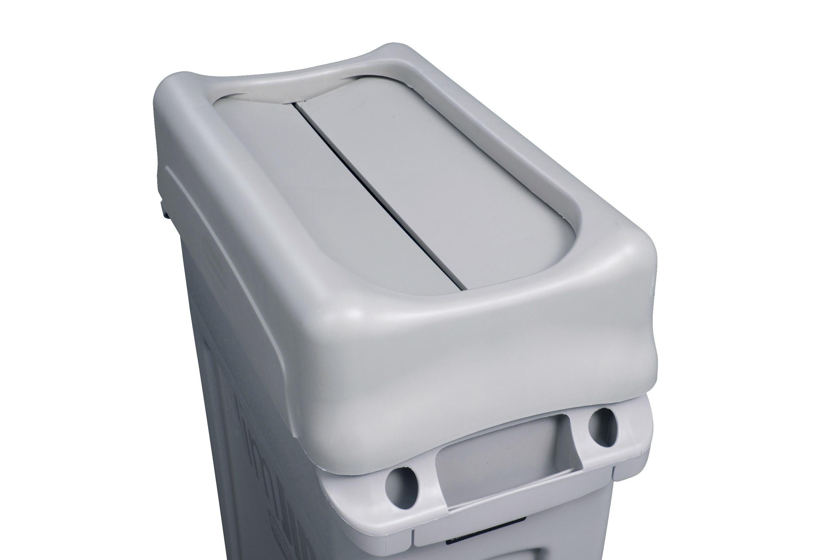 The Rubbermaid Commercial Slim Jim® Swing Lid promotes recycling and improves productivity. The swing lid provides easy access for trash disposal and then swings back to hide trash from public view. Lids encourage waste separation and recycling with interchangeable, color-coded tops. The heavy-duty sturdy plastic is rust-proof and easy to clean.