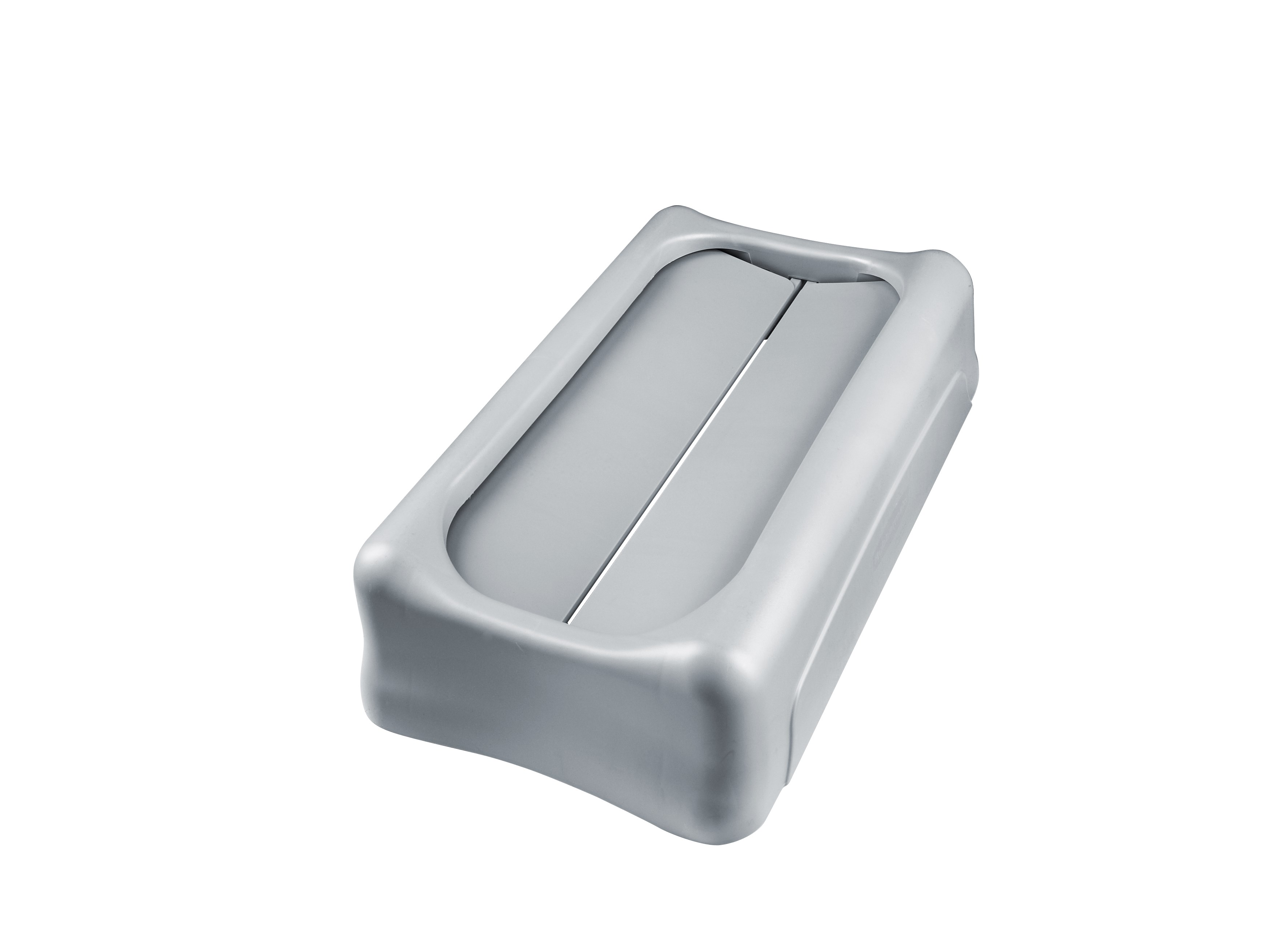 The Rubbermaid Commercial Slim Jim® Swing Lid promotes recycling and improves productivity. The swing lid provides easy access for trash disposal and then swings back to hide trash from public view. Lids encourage waste separation and recycling with interchangeable, color-coded tops. The heavy-duty sturdy plastic is rust-proof and easy to clean.