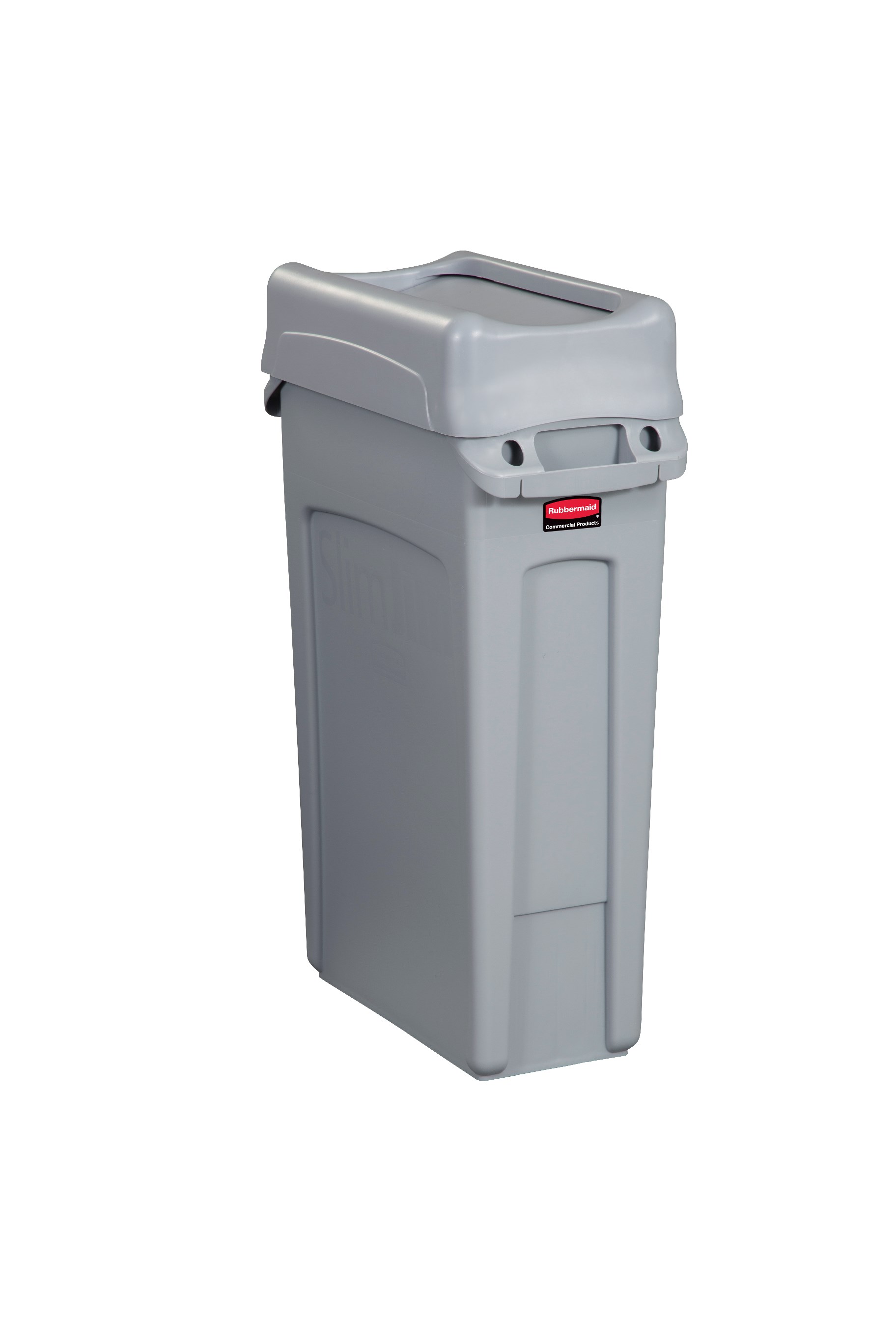 The Rubbermaid Commercial Slim Jim® Swing Lid promotes recycling and improves productivity. The swing lid provides easy access for trash disposal and then swings back to hide trash from public view. Lids encourage waste separation and recycling with interchangeable, color-coded tops. The heavy-duty sturdy plastic is rust-proof and easy to clean.