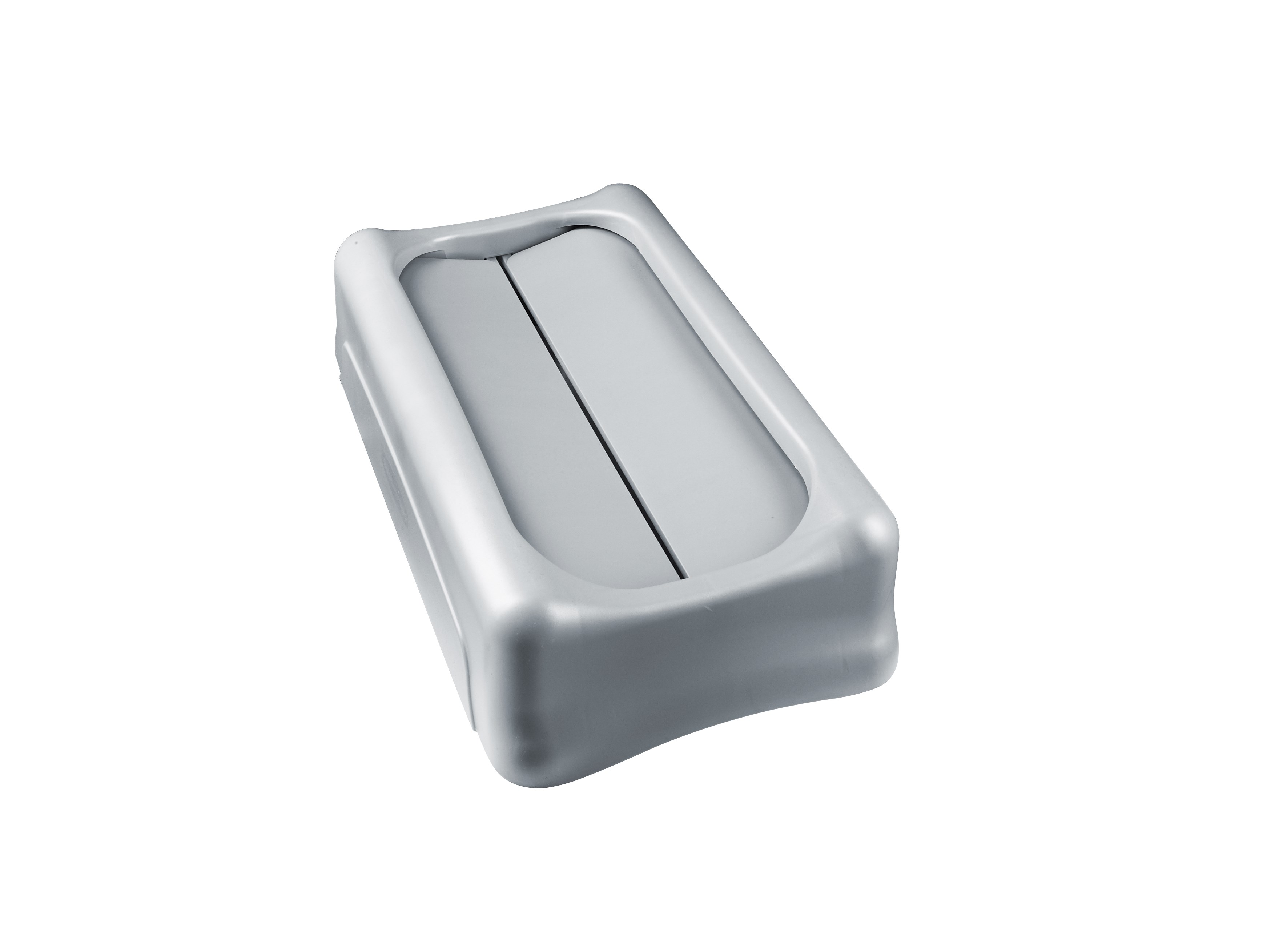 The Rubbermaid Commercial Slim Jim® Swing Lid promotes recycling and improves productivity. The swing lid provides easy access for trash disposal and then swings back to hide trash from public view. Lids encourage waste separation and recycling with interchangeable, color-coded tops. The heavy-duty sturdy plastic is rust-proof and easy to clean.
