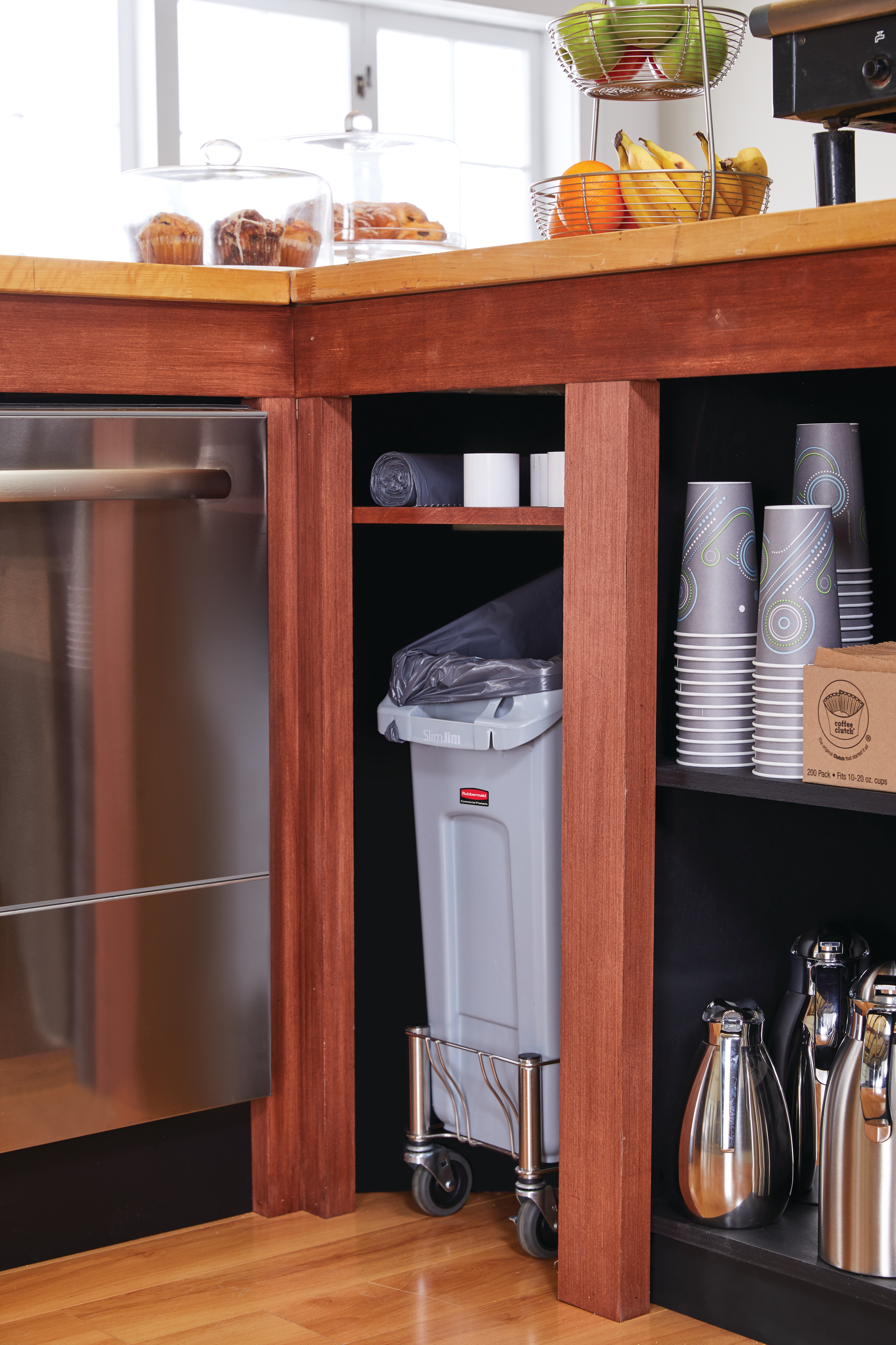 The Rubbermaid Commercial Slim Jim® Under-Counter containers are a purpose-built solution for space efficient waste disposal under the counter.