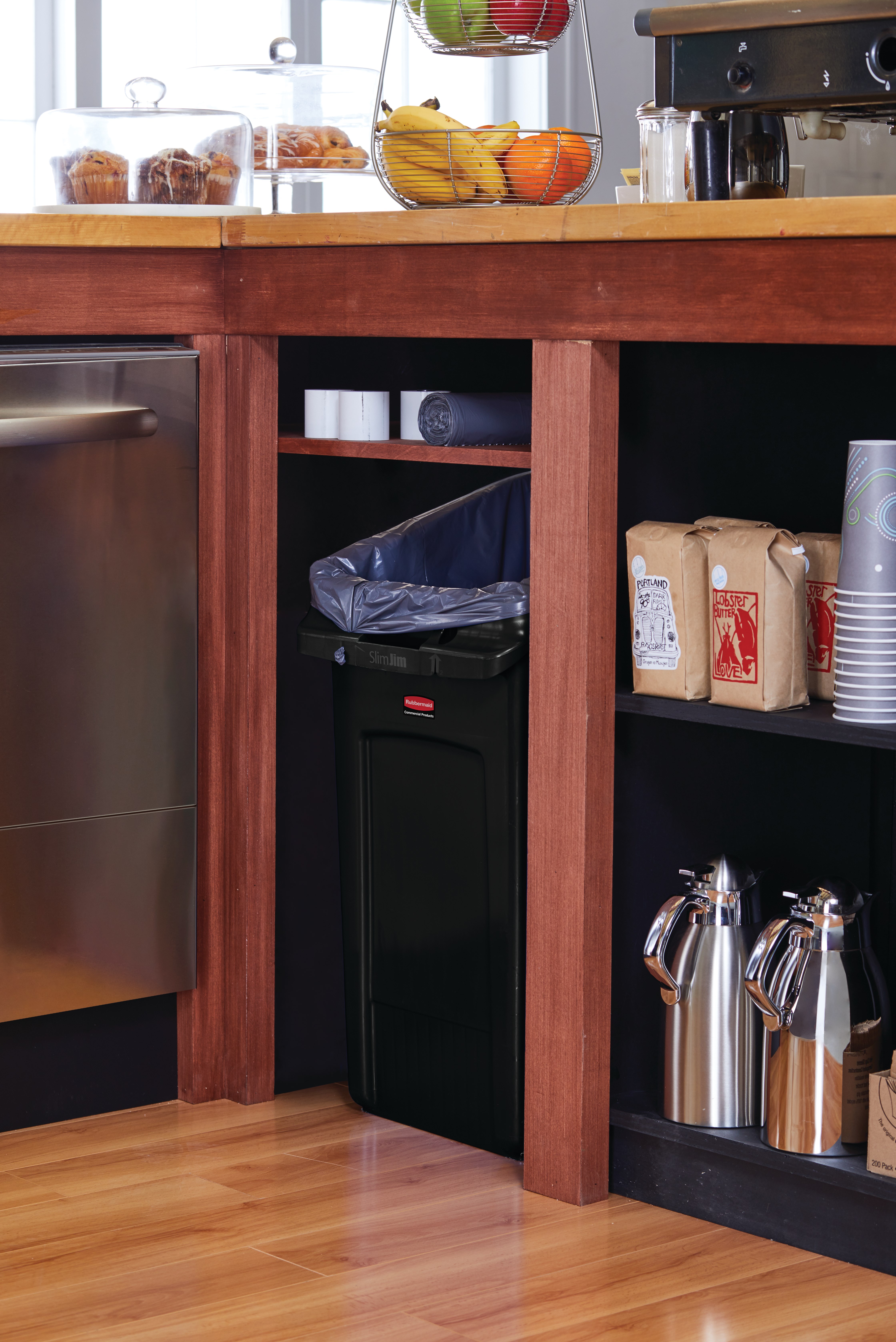 The Rubbermaid Commercial Slim Jim® Under-Counter containers are a purpose-built solution for space efficient waste disposal under the counter.