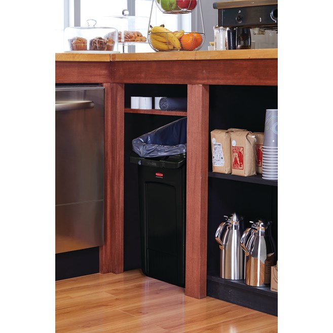 The Rubbermaid Commercial Slim Jim® Under-Counter containers are a purpose-built solution for space efficient waste disposal under the counter.