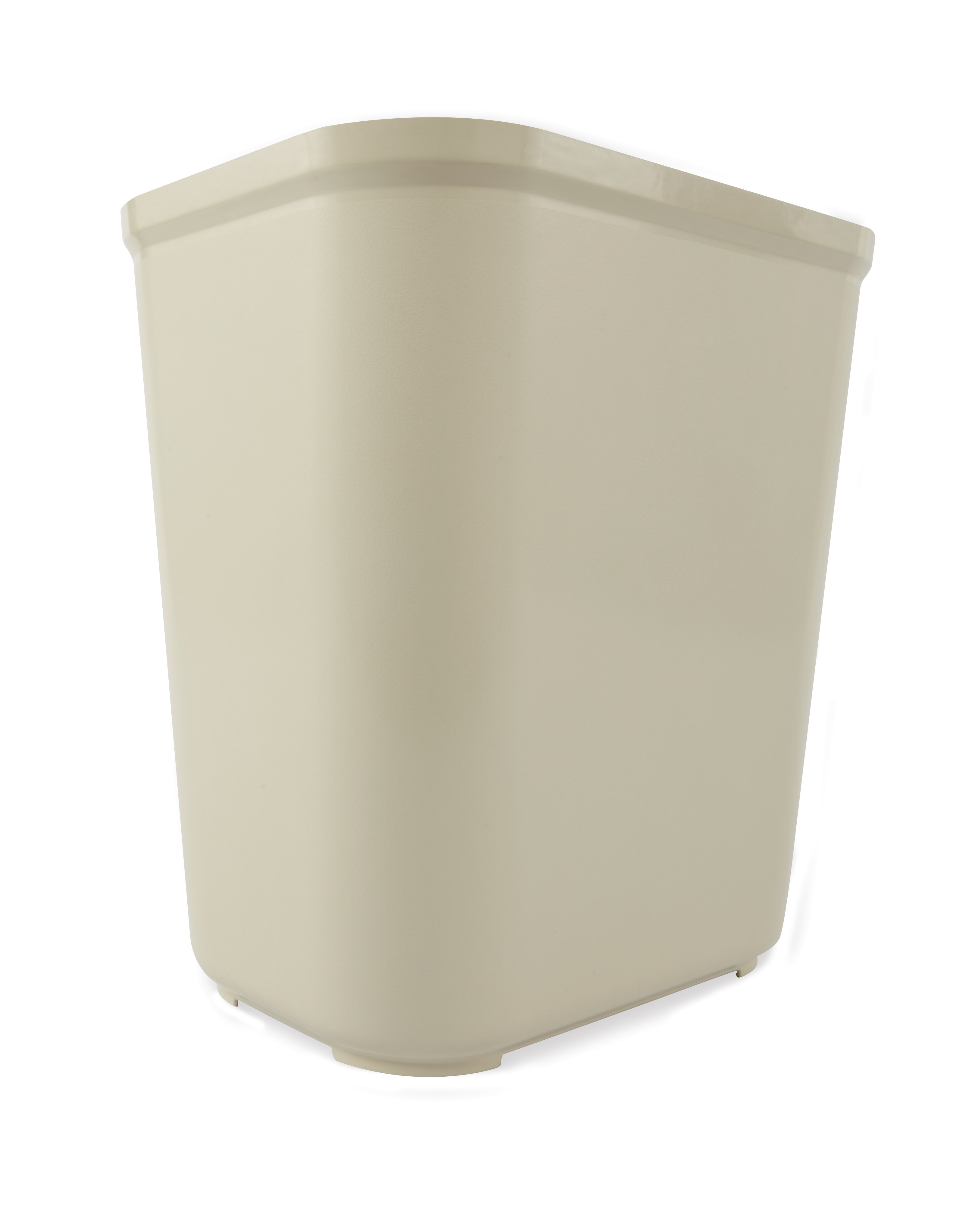 The Rubbermaid Commercial Fire-Resistant Wastebasket features a contemporary shape with a UL rating.