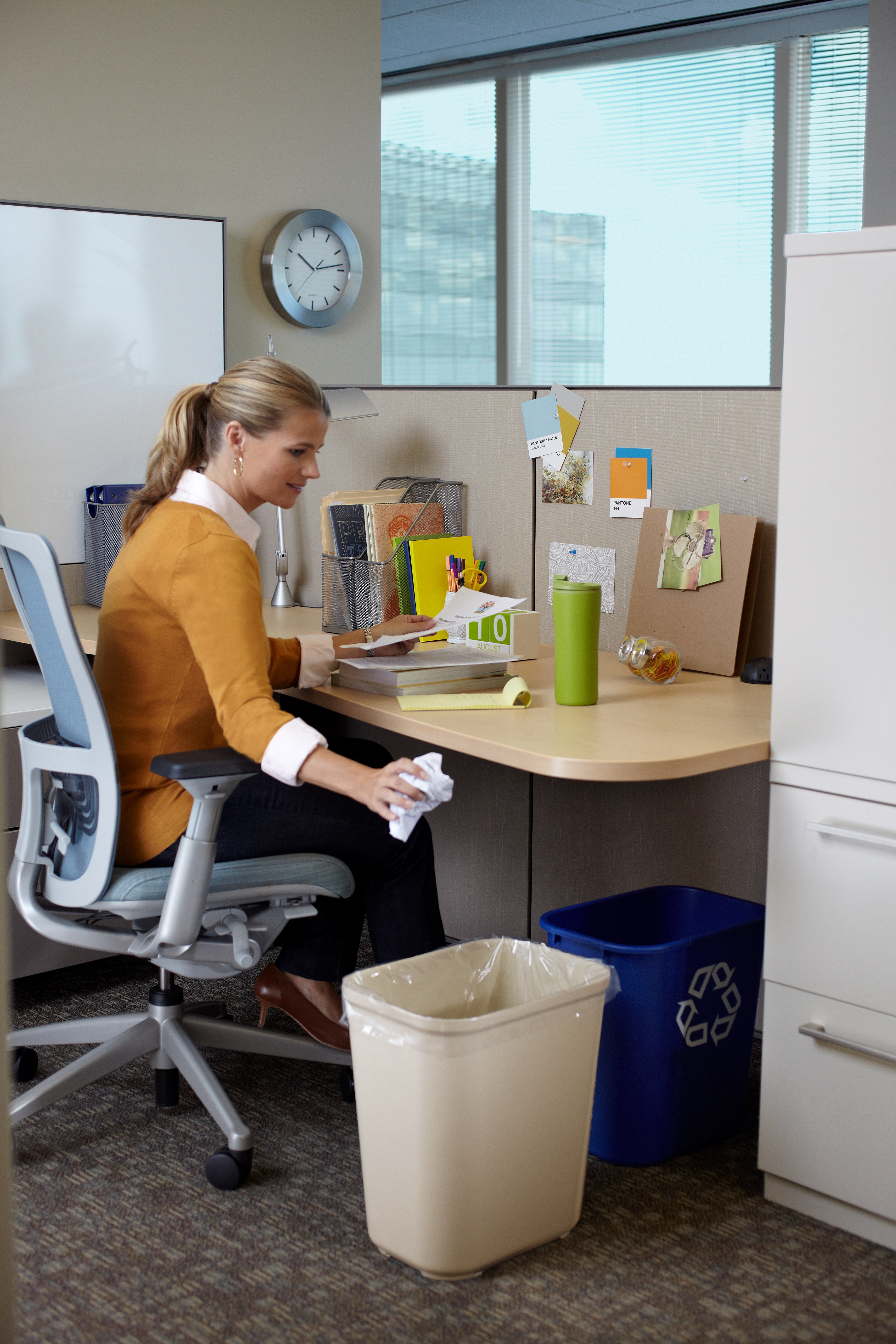 The Rubbermaid Commercial Fire-Resistant Wastebasket features a contemporary shape with a UL rating.