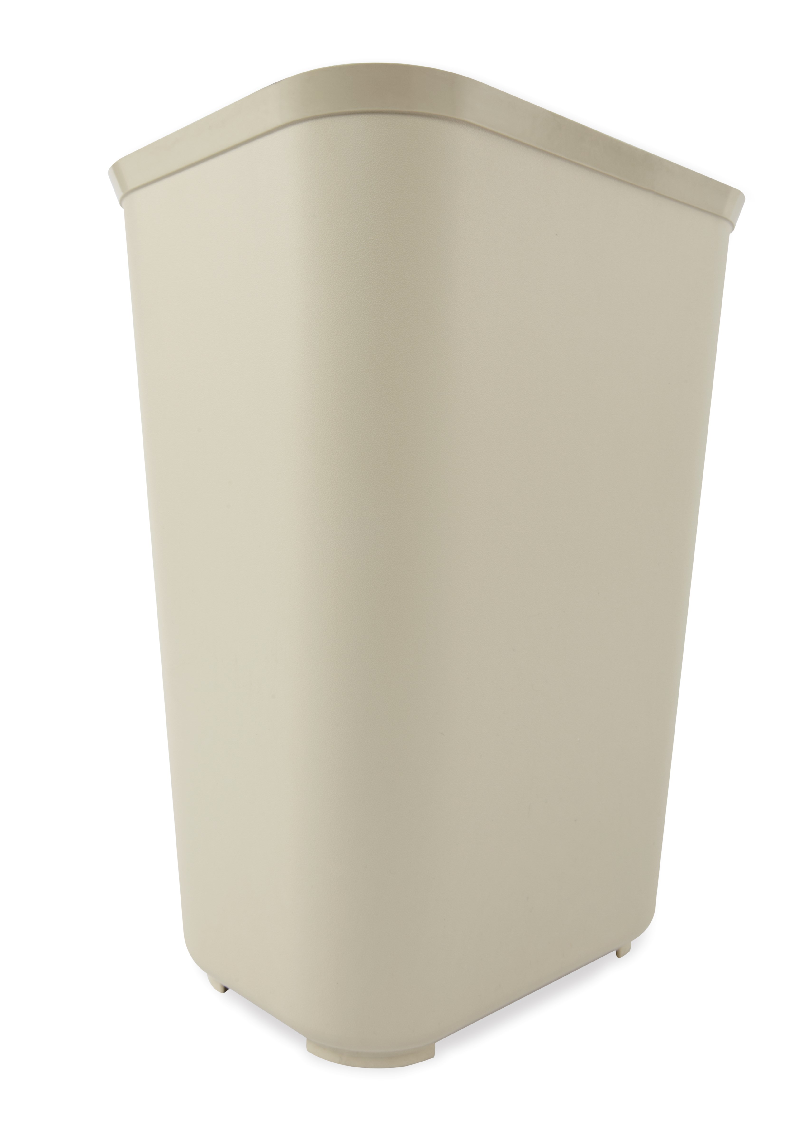 The Rubbermaid Commercial Fire-Resistant Wastebasket features a contemporary shape with a UL rating.