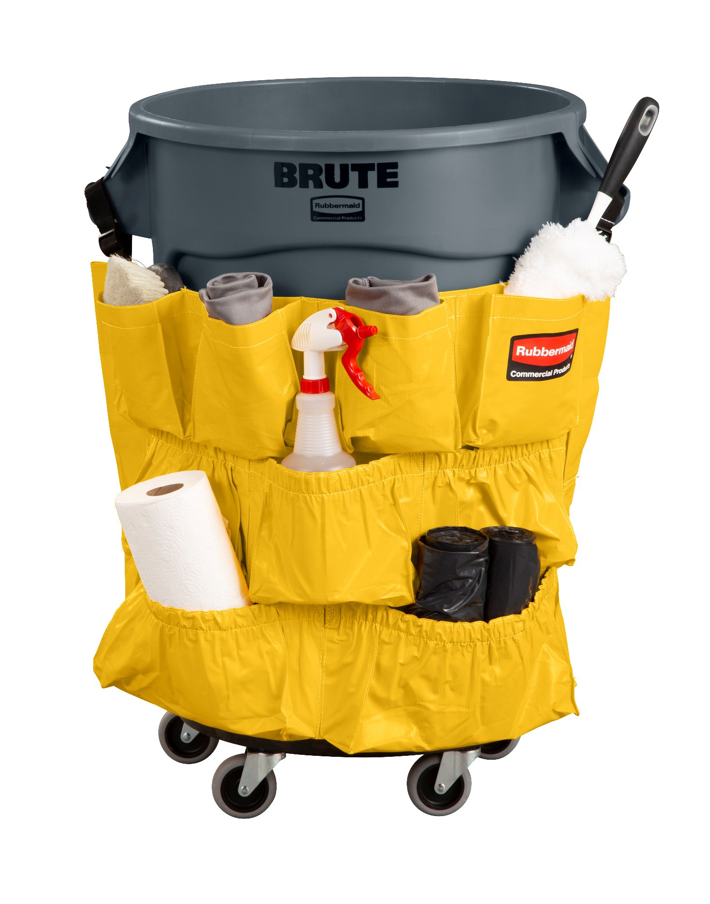 Turn your Rubbermaid Commercial BRUTE® container into a cleaning cart with storage and transport for spray bottles, wet-floor signs, lobby dust pan, brushes, liners, gloves, and other cleaning supplies