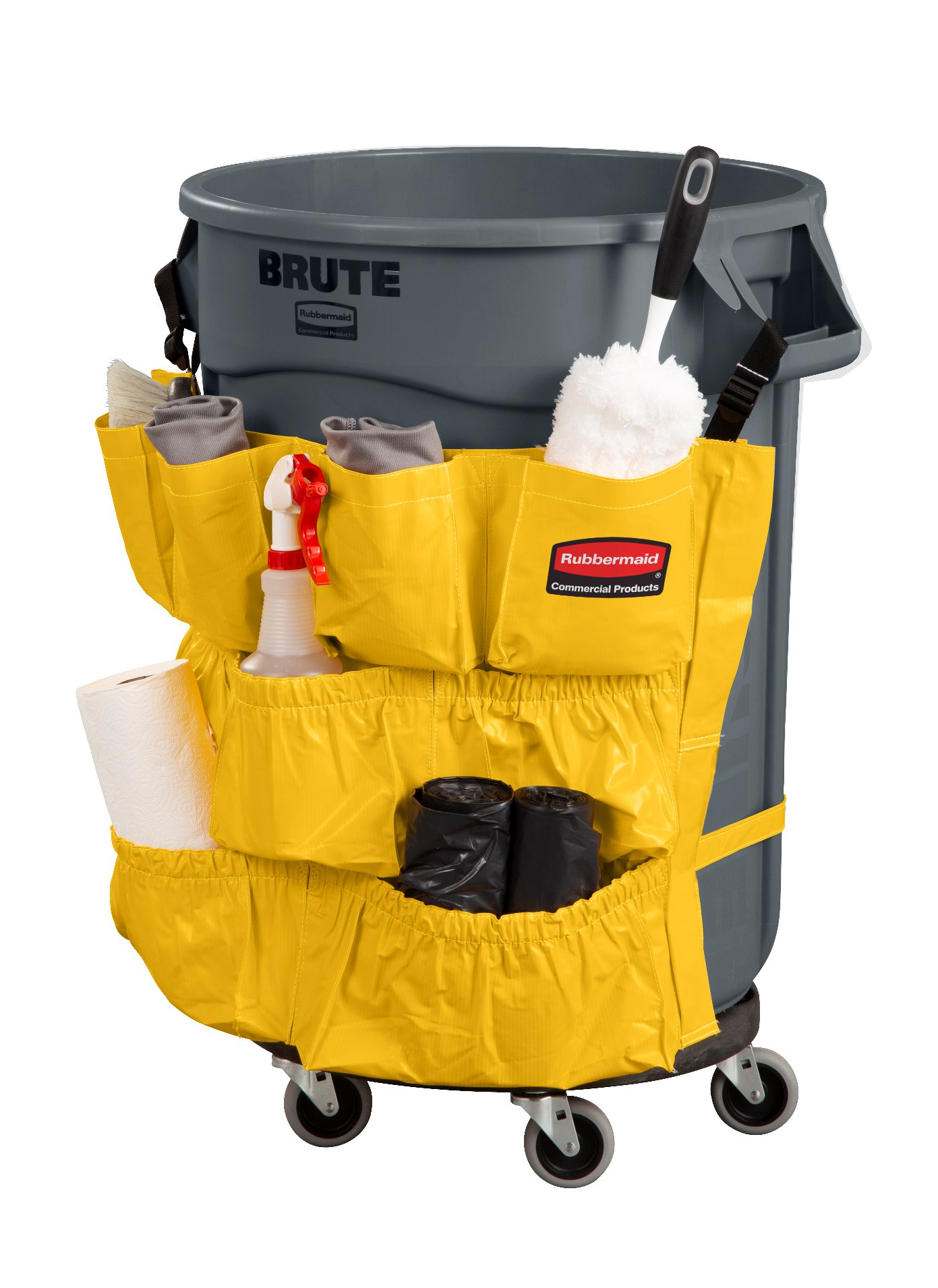 Turn your Rubbermaid Commercial BRUTE® container into a cleaning cart with storage and transport for spray bottles, wet-floor signs, lobby dust pan, brushes, liners, gloves, and other cleaning supplies