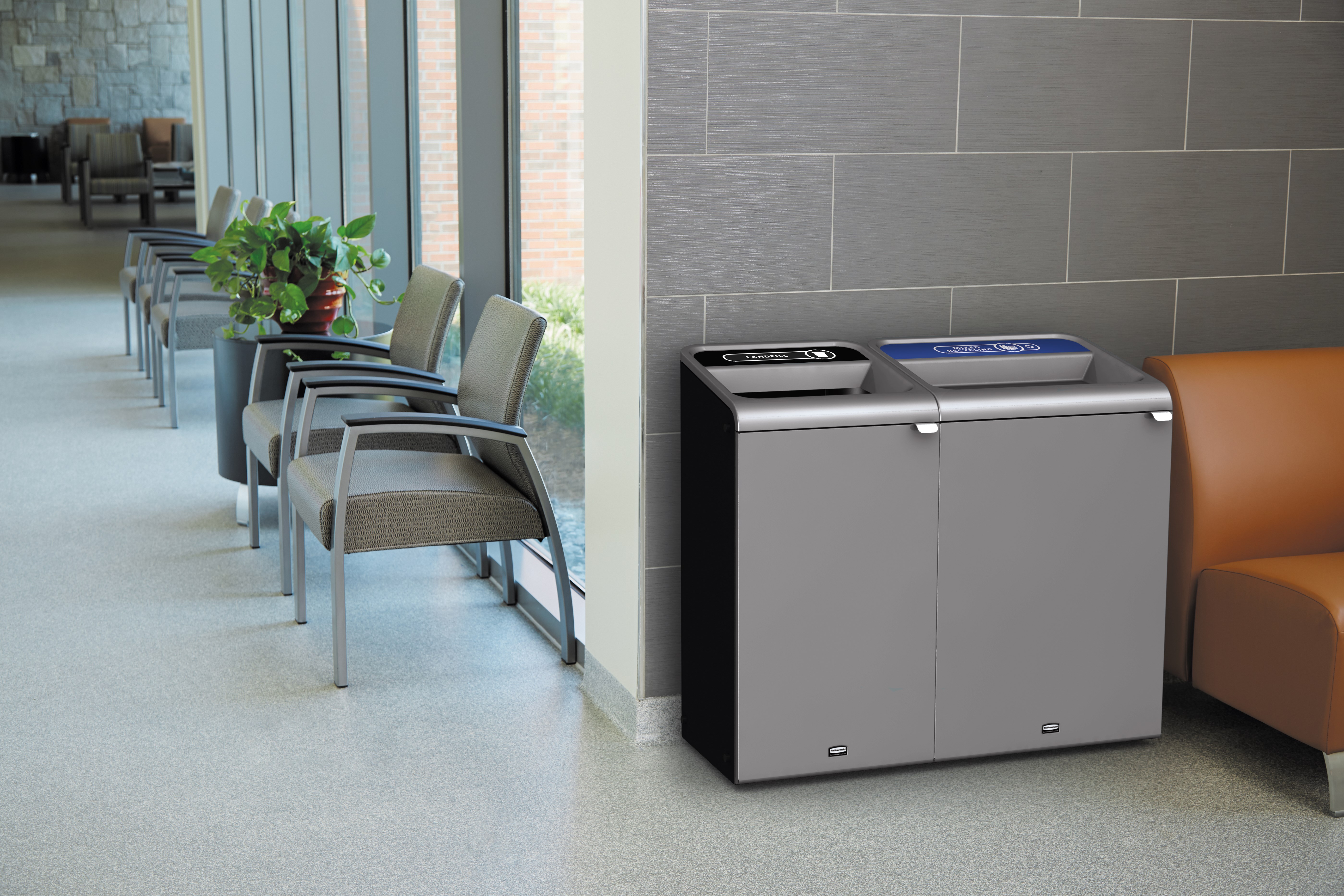 The Configure™ Decorative Waste Containers provide a recycling solution with sleek, smooth surfaces and contoured edges. This recycling system has a modern appearance that will fit seamlessly into any indoor or outdoor commercial environment. Please note: this SKU is a Configure™ 1-Stream 33 Gallon container with a "Mixed Recycling" label.