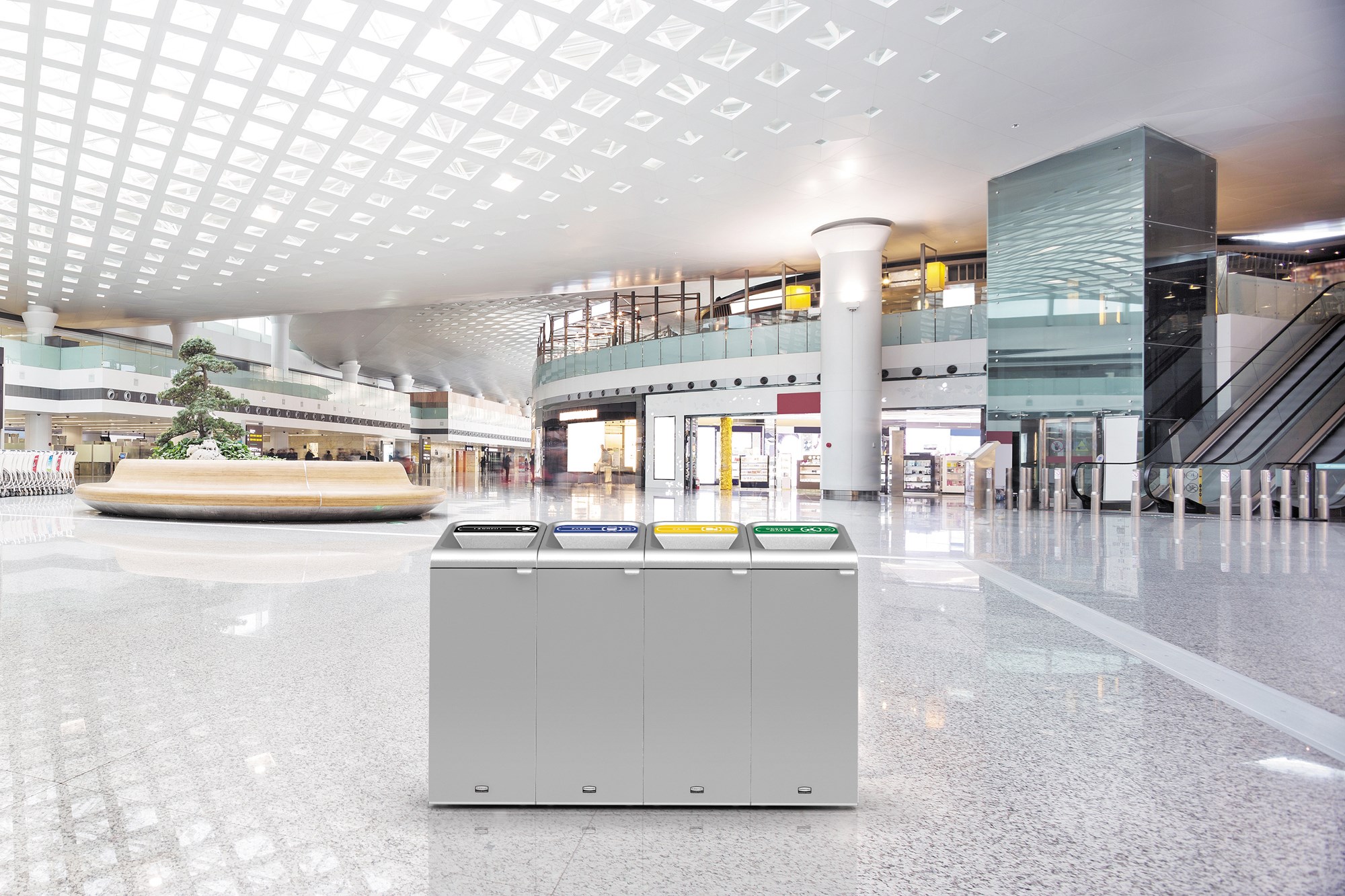 The Configure™ Decorative Waste Containers provide a recycling solution with sleek, smooth surfaces and contoured edges. This recycling system has a modern appearance that will fit seamlessly into any indoor or outdoor commercial environment. Please note: this SKU is a Configure™ 1-Stream 15 Gallon container with a "Cans" label.