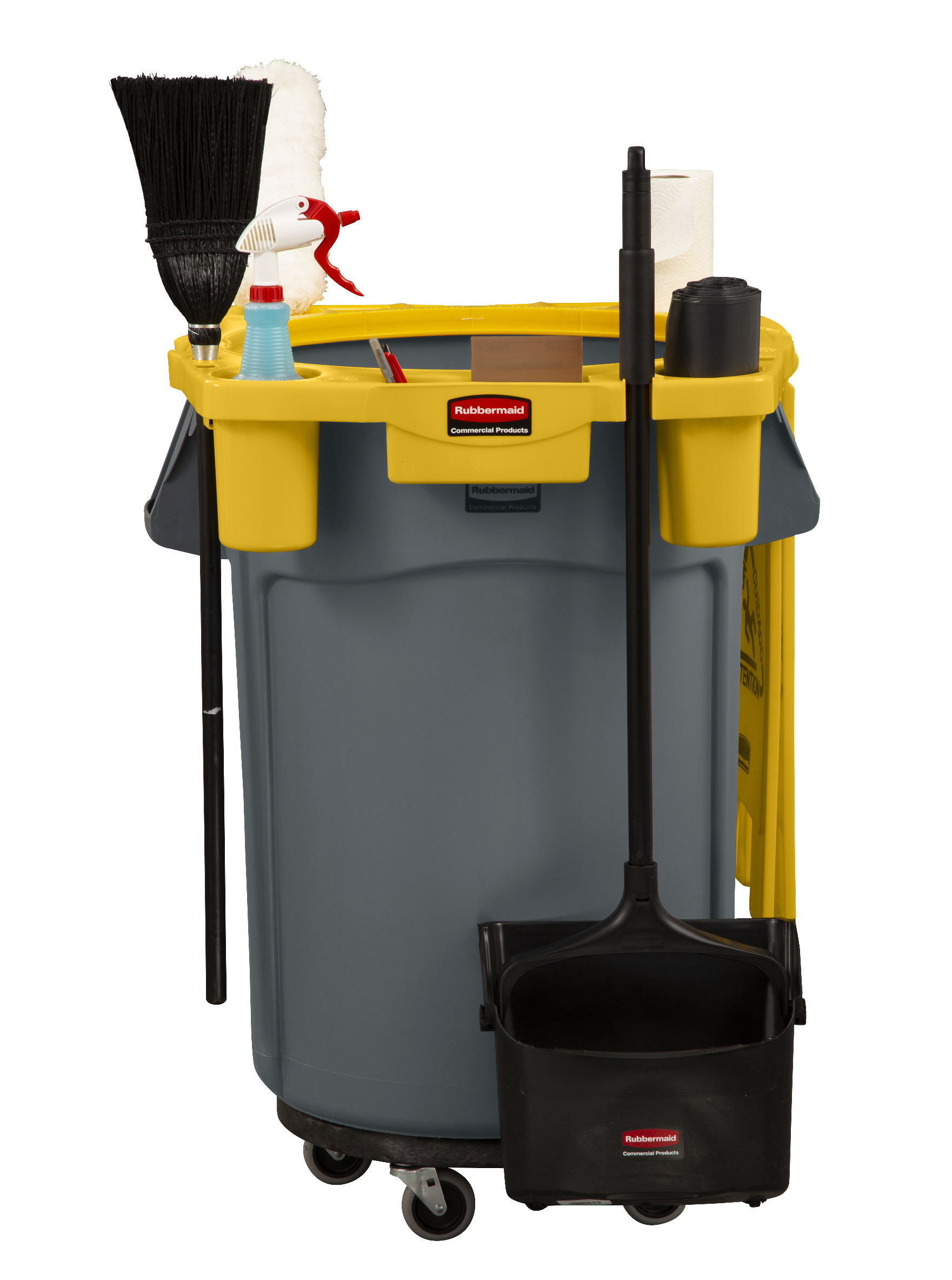 The Rubbermaid Commercial BRUTE® Rim Caddy snaps securely onto the rim of  167 l BRUTE® Containers.