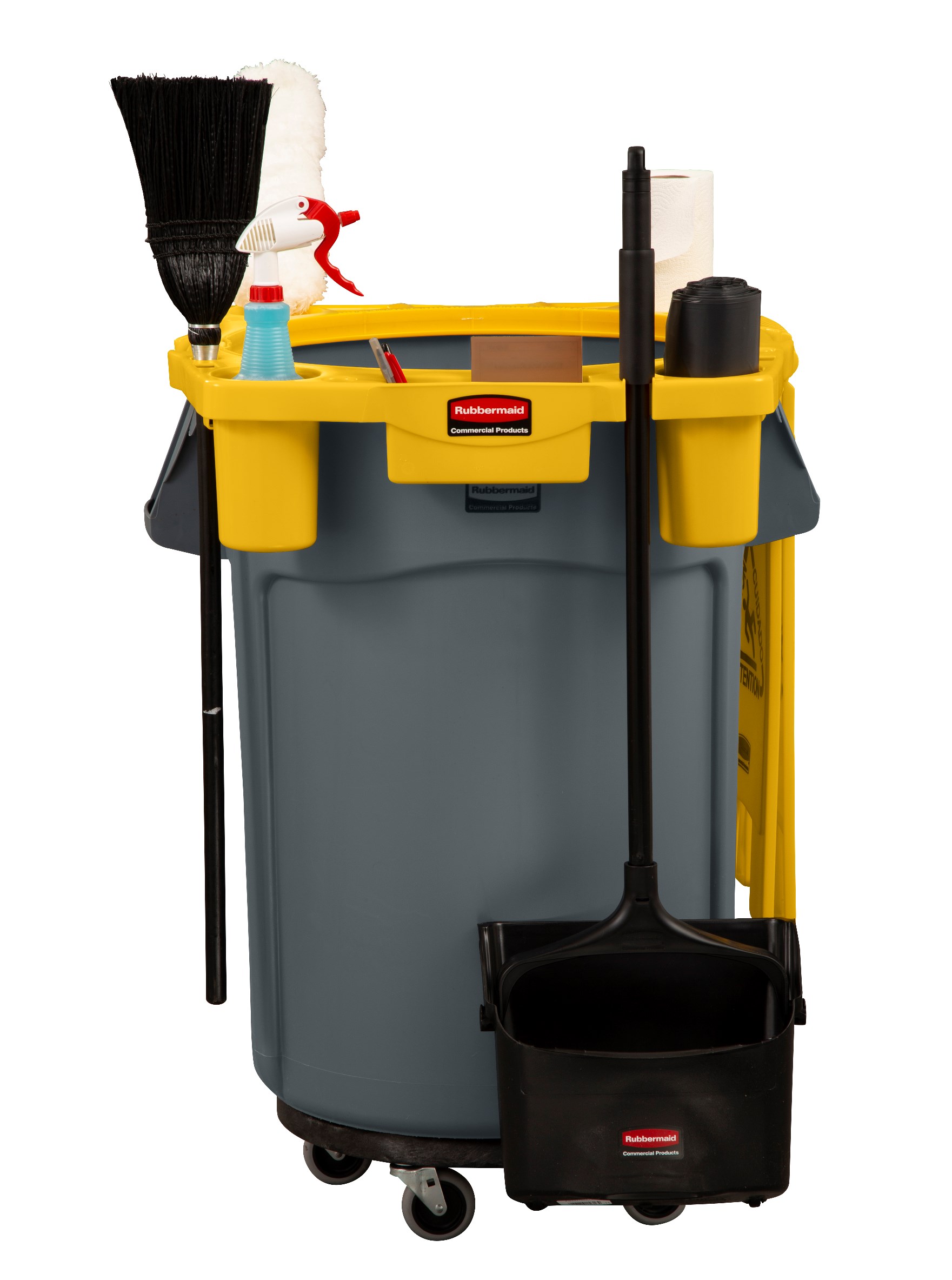 The Rubbermaid Commercial BRUTE® Rim Caddy snaps securely onto the rim of  44 Gallon BRUTE® Containers.