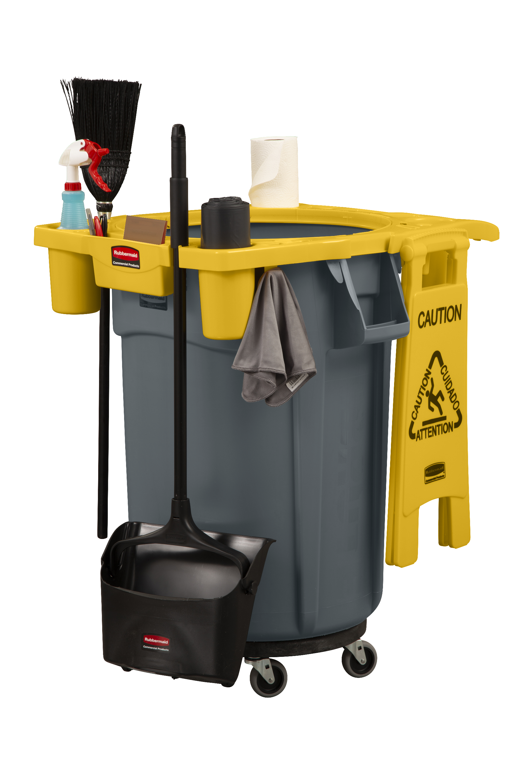 The Rubbermaid Commercial BRUTE® Rim Caddy snaps securely onto the rim of  167 l BRUTE® Containers.