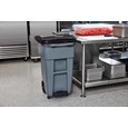 The Rubbermaid Commercial Step-On Rollouts with Casters facilitate hands-free waste disposal with the added benefit of superior mobility. Front swivel casters distribute weight evenly for enhanced maneuverability.
