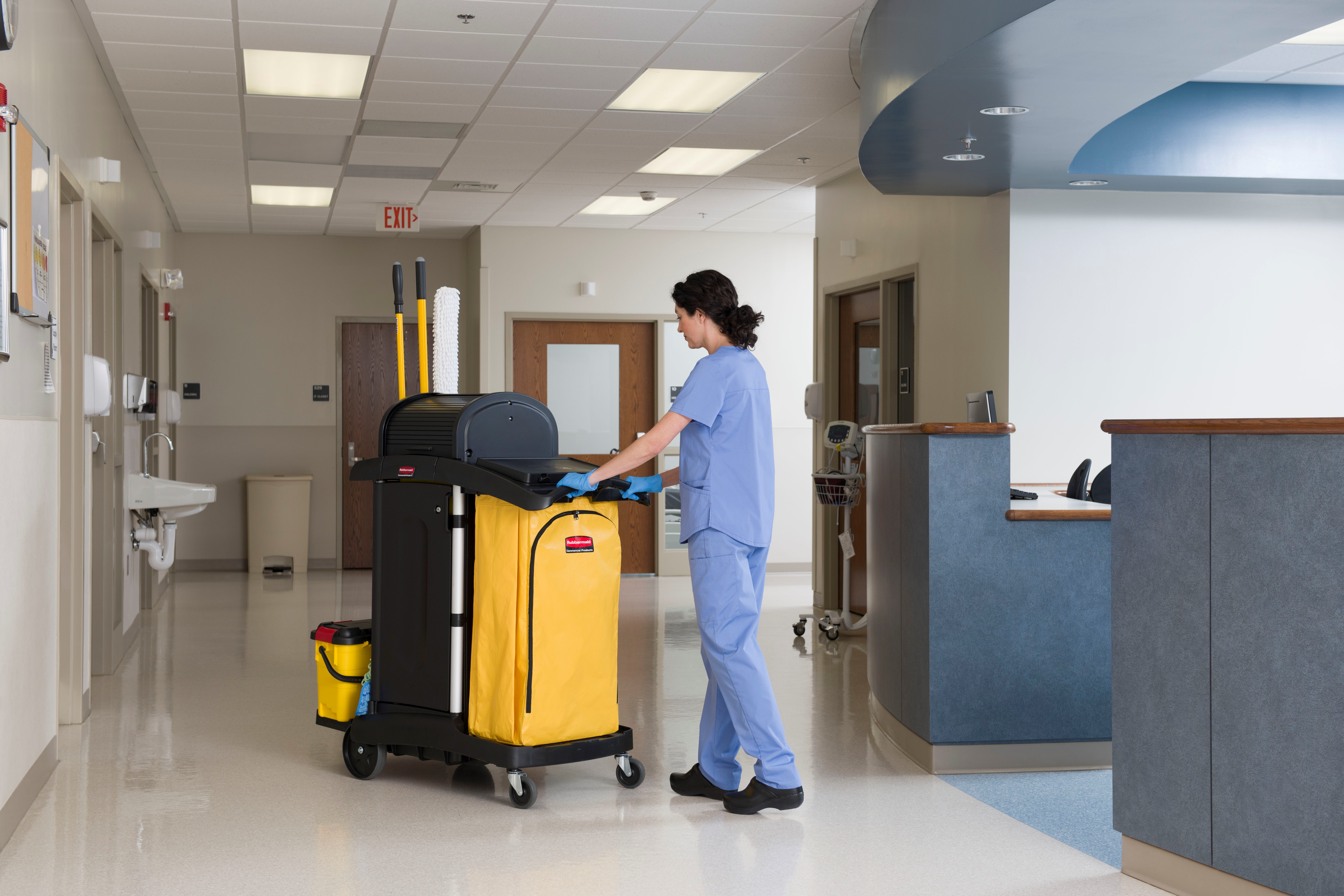 The High-Security Janitorial Cleaning Cart is a secure cart, featuring quiet casters and ball-bearing wheels along with a preassembled locking hood and doors.