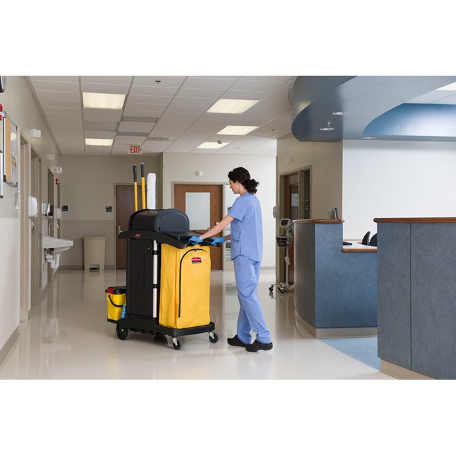 The Vinyl Bag for Janitorial Cleaning Carts is a high-capacity waste collection bag that can hold up to 34 gallons of soiled linens or waste  – 20% more than traditional cart bags.