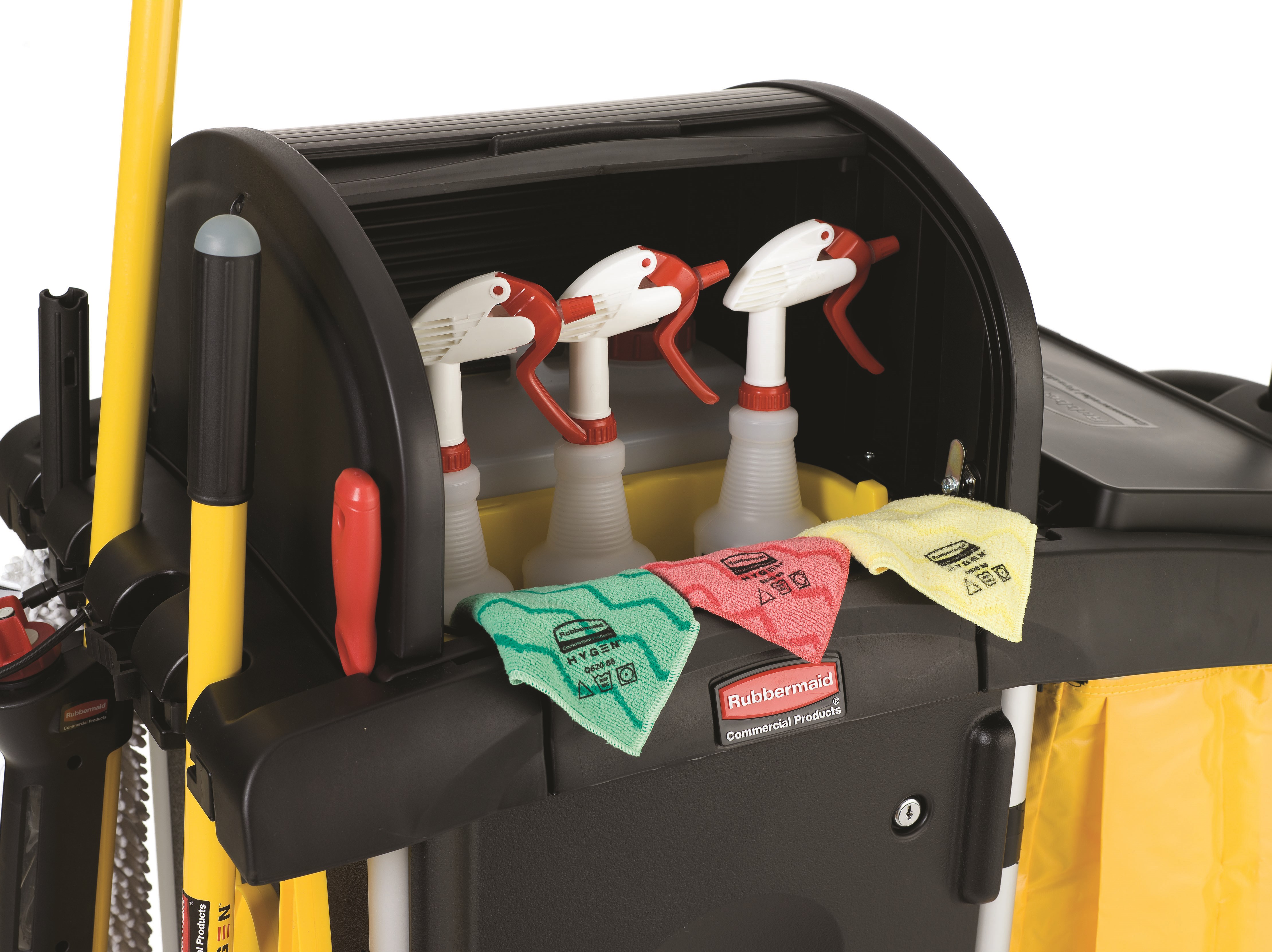 The High-Security Janitorial Cleaning Cart is a secure cart, featuring quiet casters and ball-bearing wheels along with a preassembled locking hood and doors.