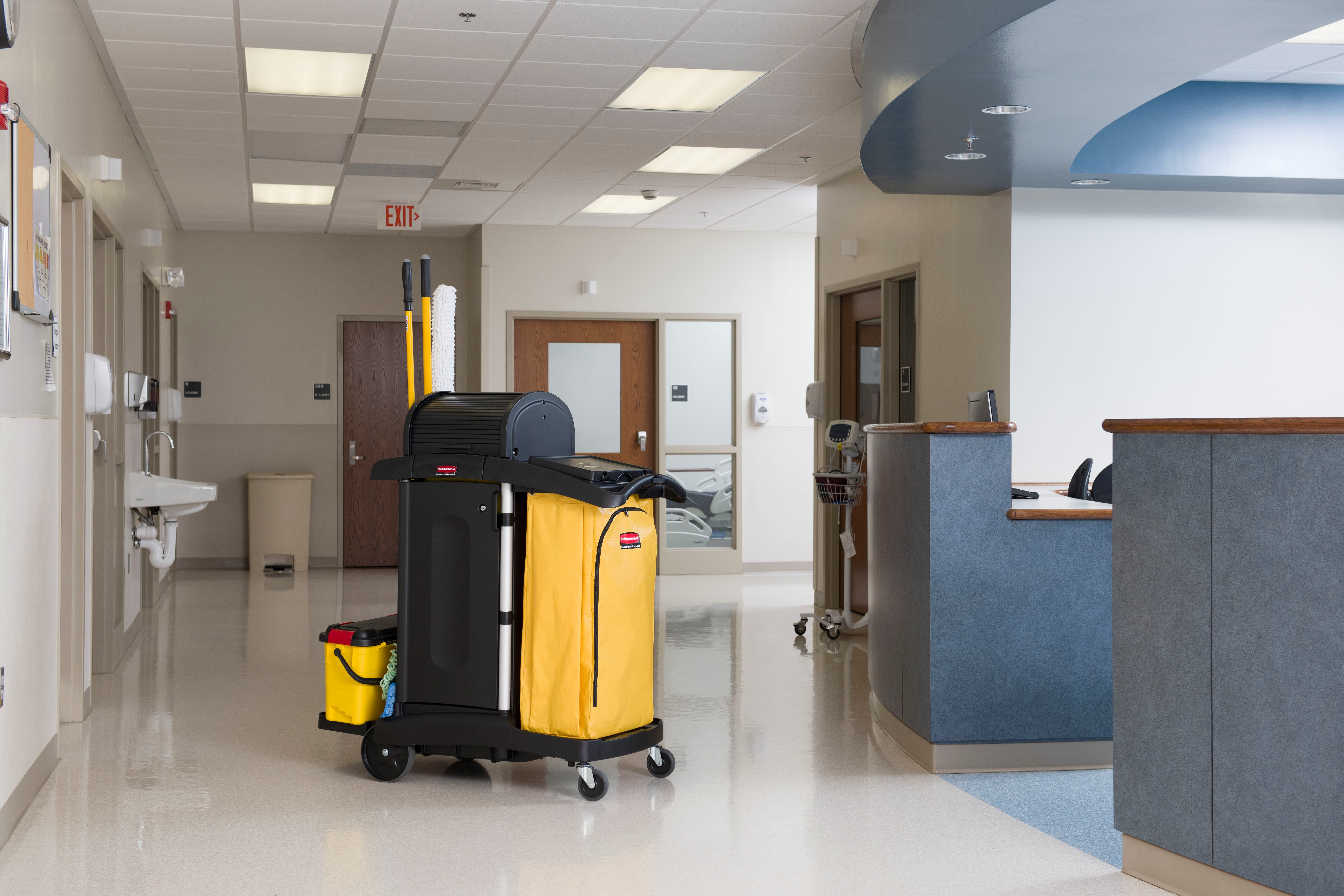 The High-Security Janitorial Cleaning Cart is a secure cart, featuring quiet casters and ball-bearing wheels along with a preassembled locking hood and doors.