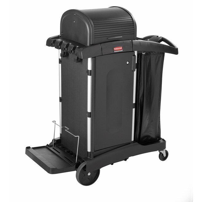 The High-Security Janitorial Cleaning Cart is a secure cart, featuring quiet casters and ball-bearing wheels along with preassembled locking hood and doors.
