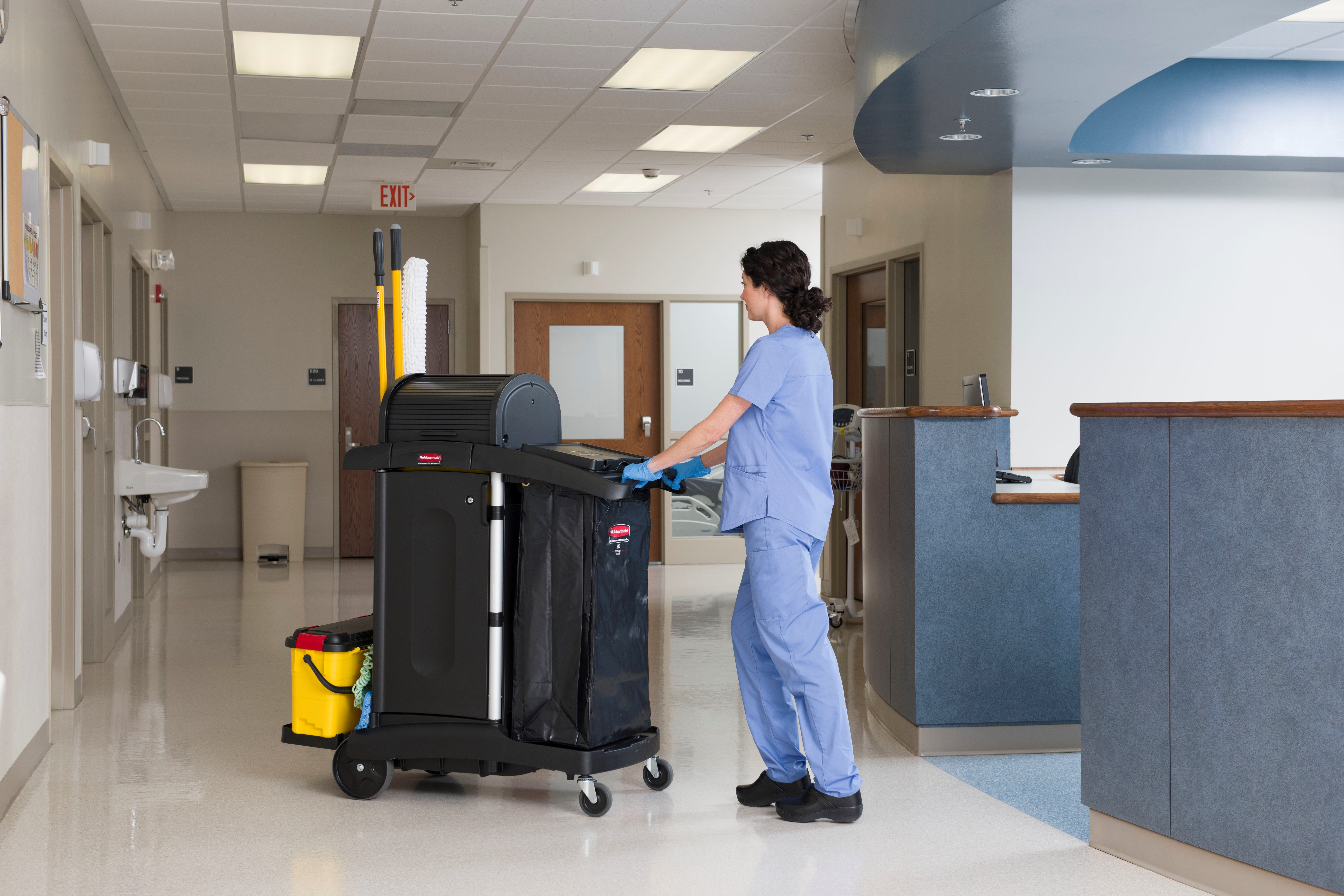 The High-Security Janitorial Cleaning Cart is a secure cart, featuring quiet casters and ball-bearing wheels along with preassembled locking hood and doors.