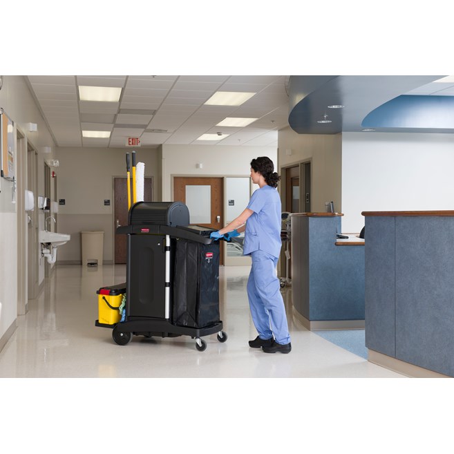 The High-Security Janitorial Cleaning Cart is a secure cart, featuring quiet casters and ball-bearing wheels along with preassembled locking hood and doors.