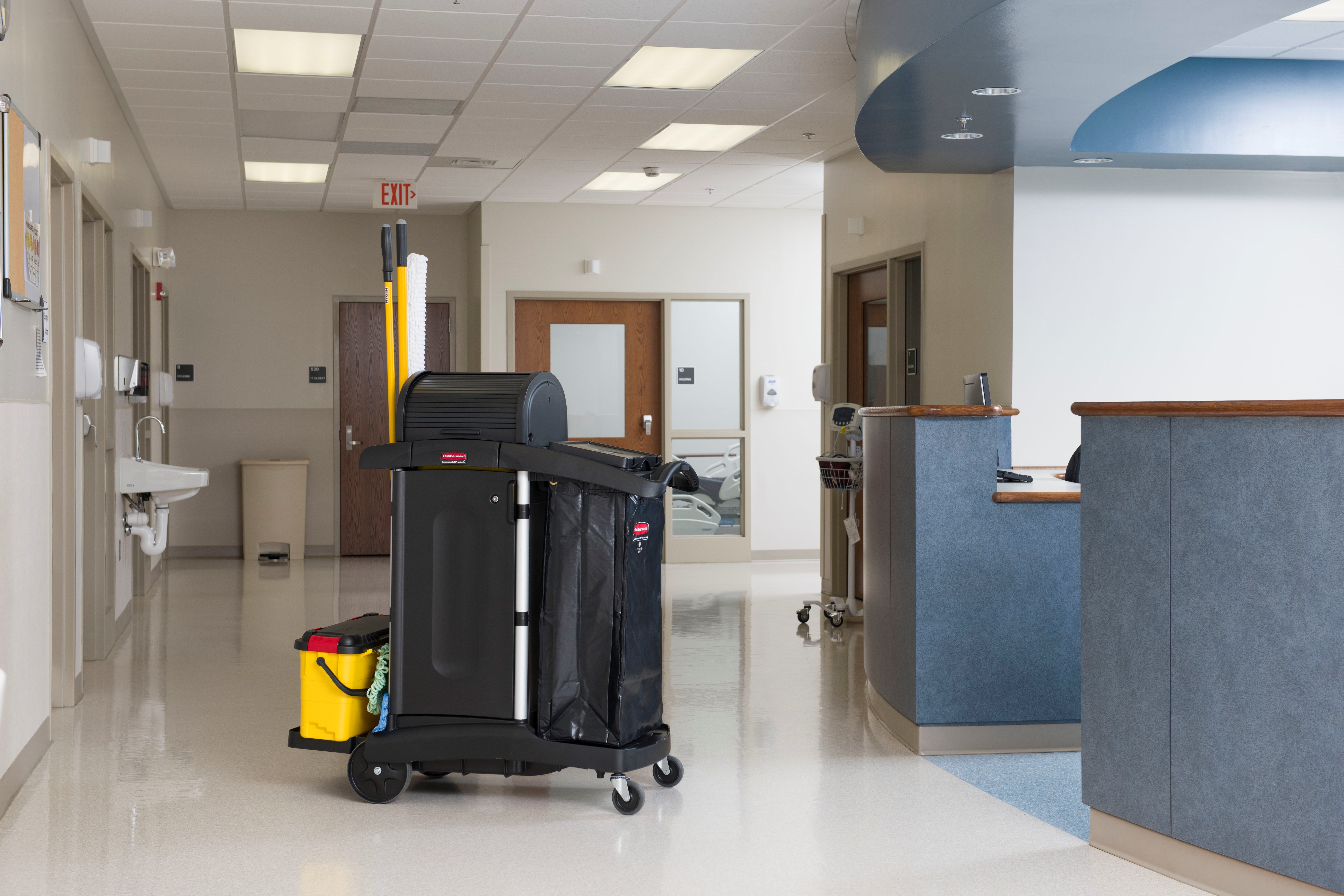 The High-Security Janitorial Cleaning Cart is a secure cart, featuring quiet casters and ball-bearing wheels along with preassembled locking hood and doors.