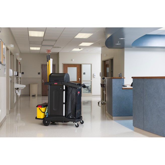 The High-Security Janitorial Cleaning Cart is a secure cart, featuring quiet casters and ball-bearing wheels along with preassembled locking hood and doors.