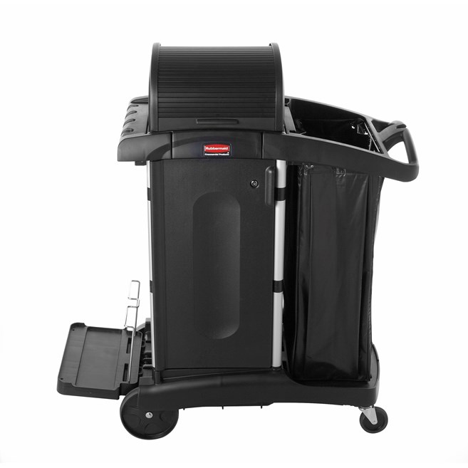 The High-Security Janitorial Cleaning Cart is a secure cart, featuring quiet casters and ball-bearing wheels along with preassembled locking hood and doors.