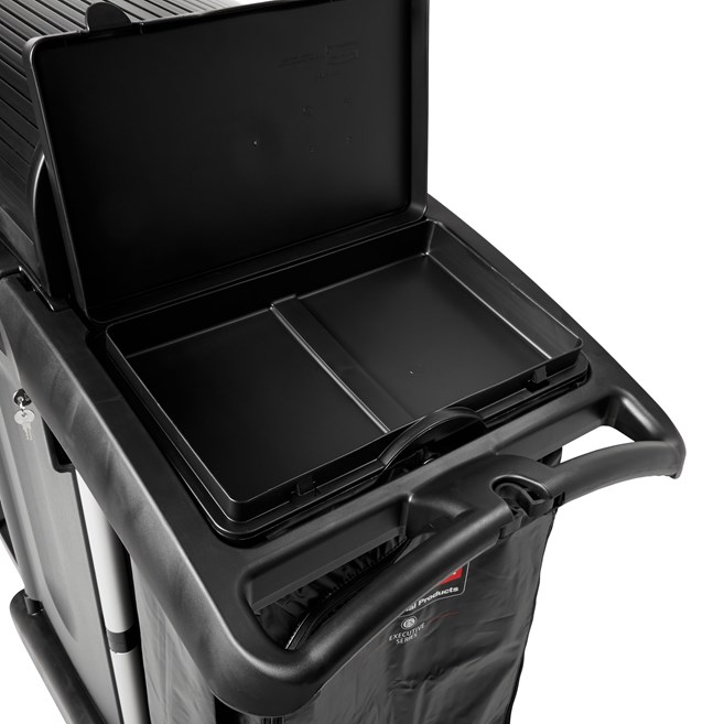 The High-Security Janitorial Cleaning Cart is a secure cart, featuring quiet casters and ball-bearing wheels along with preassembled locking hood and doors.