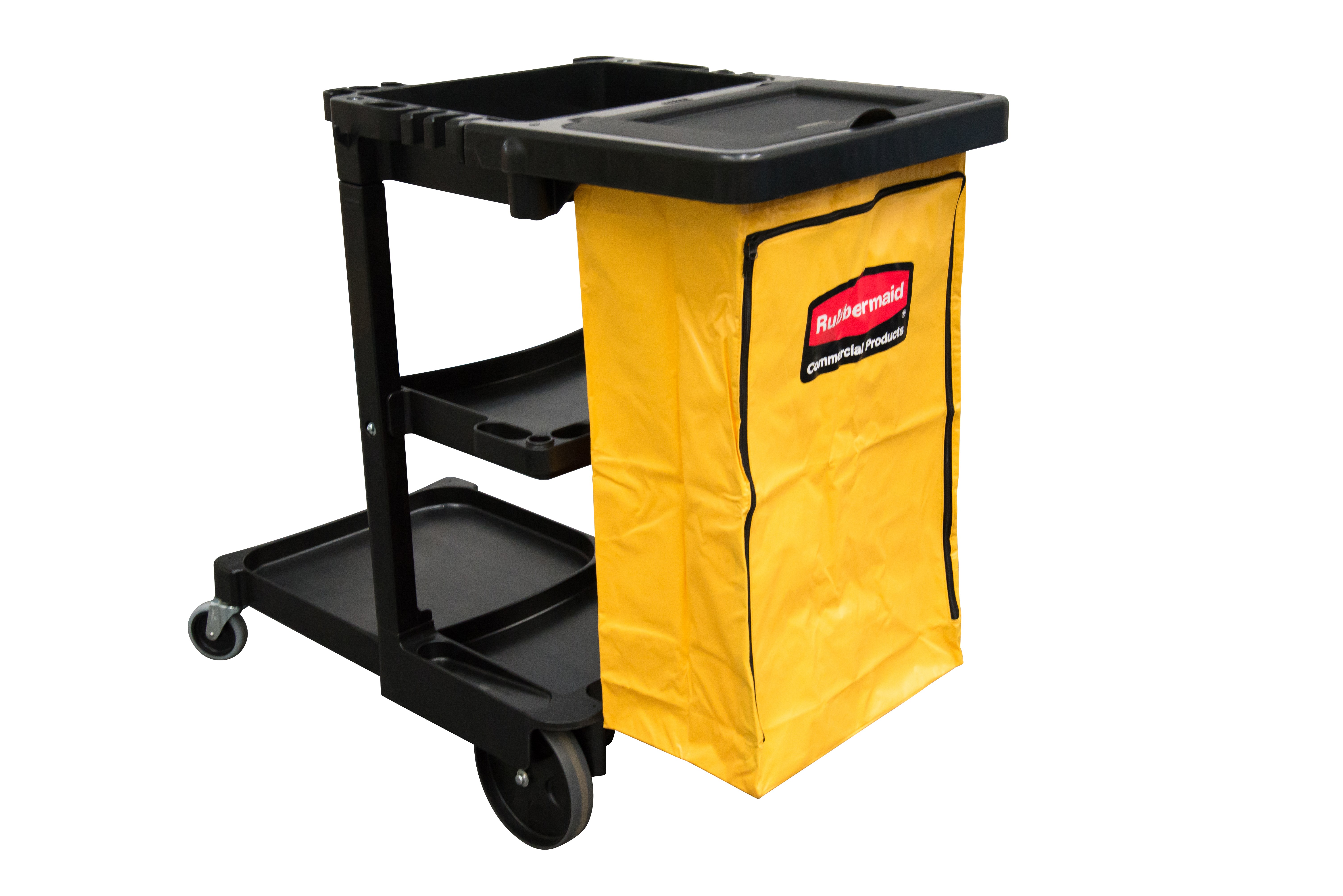 Il carrello delle pulizie standard Rubbermaid Commercial con sacco giallo con zip consente di trasportare rifiuti e attrezzi per pulizie efficaci.