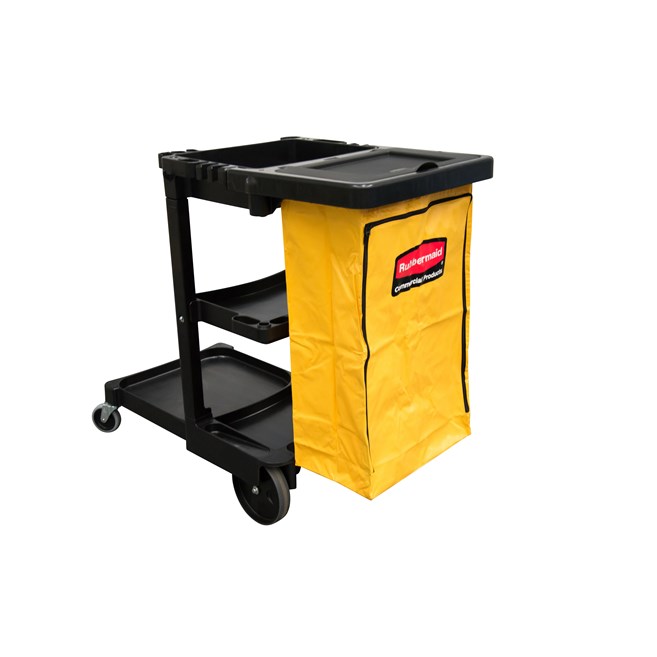 Il carrello delle pulizie standard Rubbermaid Commercial con sacco giallo con zip consente di trasportare rifiuti e attrezzi per pulizie efficaci.