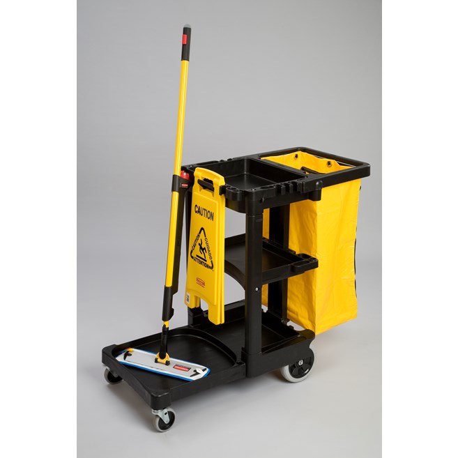 Il carrello delle pulizie standard Rubbermaid Commercial con sacco giallo con zip consente di trasportare rifiuti e attrezzi per pulizie efficaci.