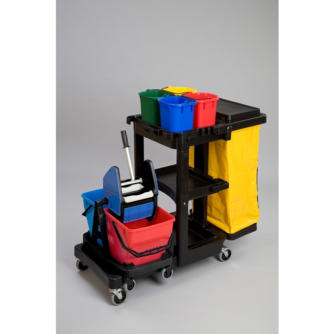 Il carrello delle pulizie standard Rubbermaid Commercial con sacco giallo con zip consente di trasportare rifiuti e attrezzi per pulizie efficaci.
