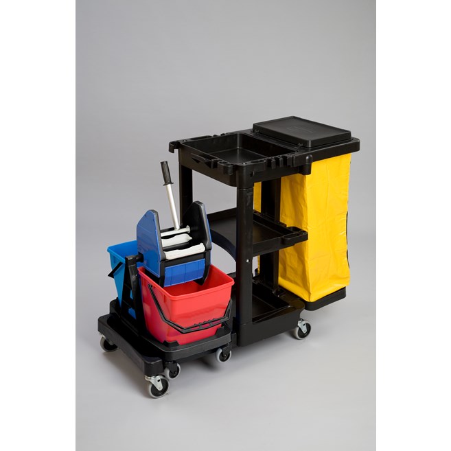 Il carrello delle pulizie standard Rubbermaid Commercial con sacco giallo con zip consente di trasportare rifiuti e attrezzi per pulizie efficaci.