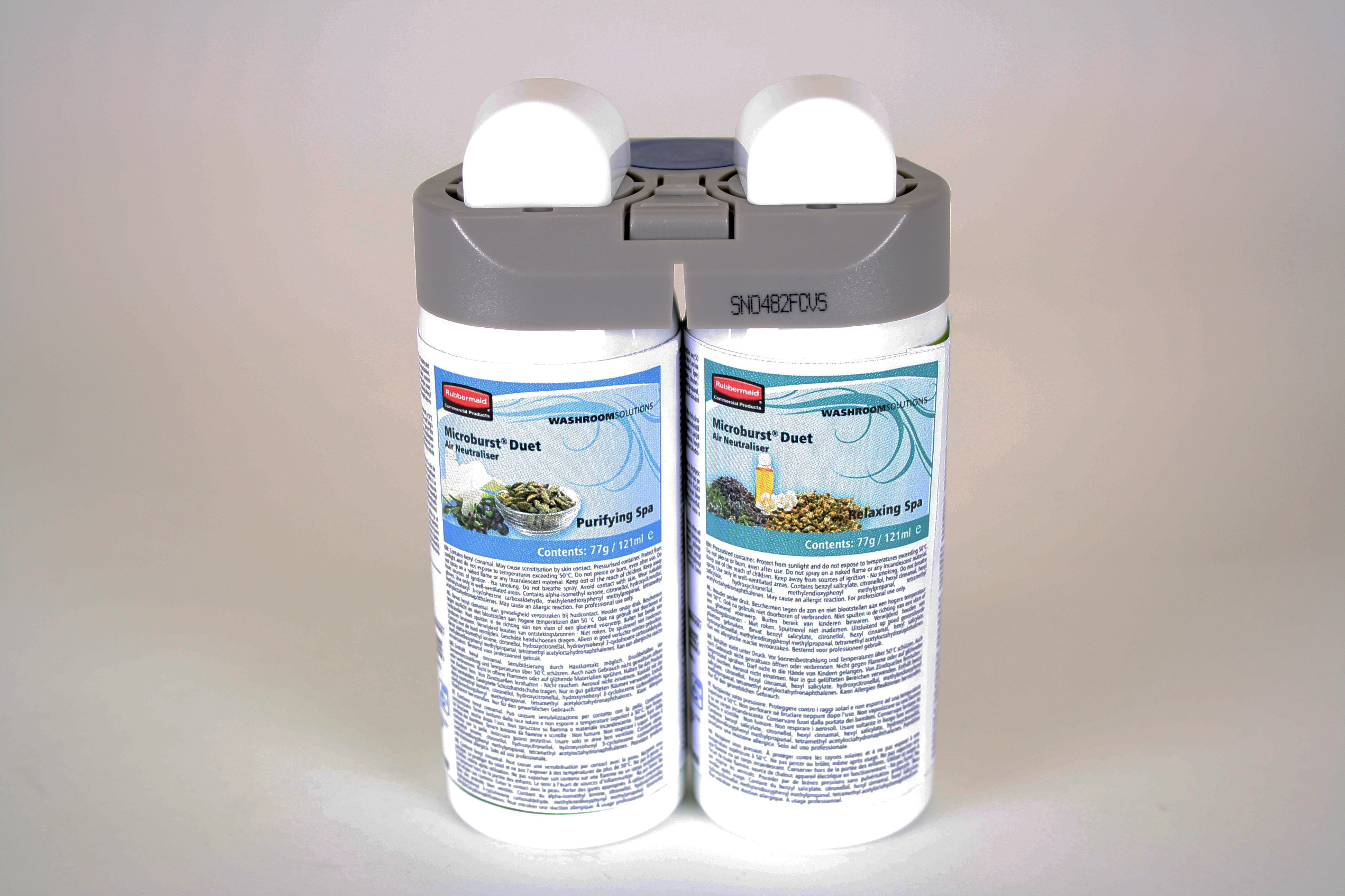 De Microburst® Duet-navullingen van Rubbermaid Commercial bevatten een unieke combinatie van speciaal geselecteerde, hoogwaardige, complementaire geuren.