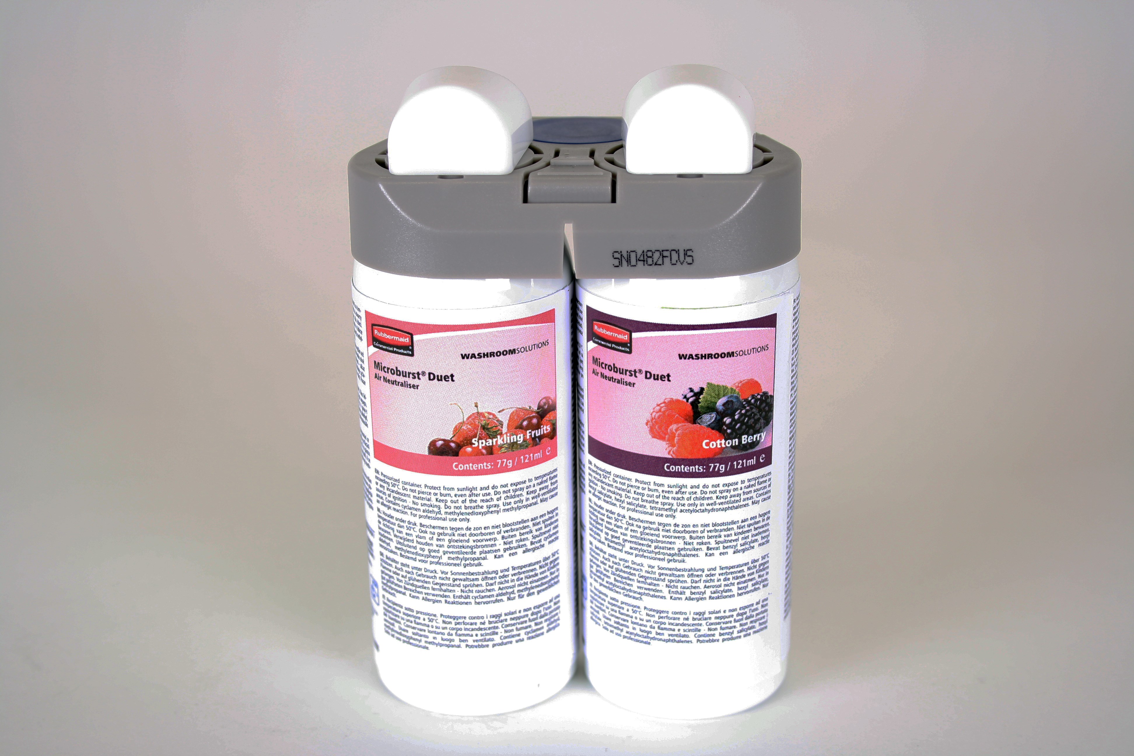 The Rubbermaid Commercial Microburst® Duet refills feature a unique combination of specially selected, high quality, complementary fragrances.