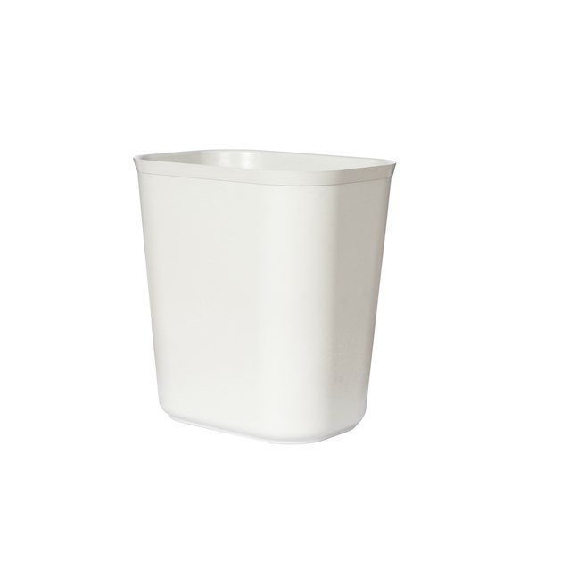 The Rubbermaid Commercial Fire-Resistant Wastebasket features a contemporary shape with a UL rating.