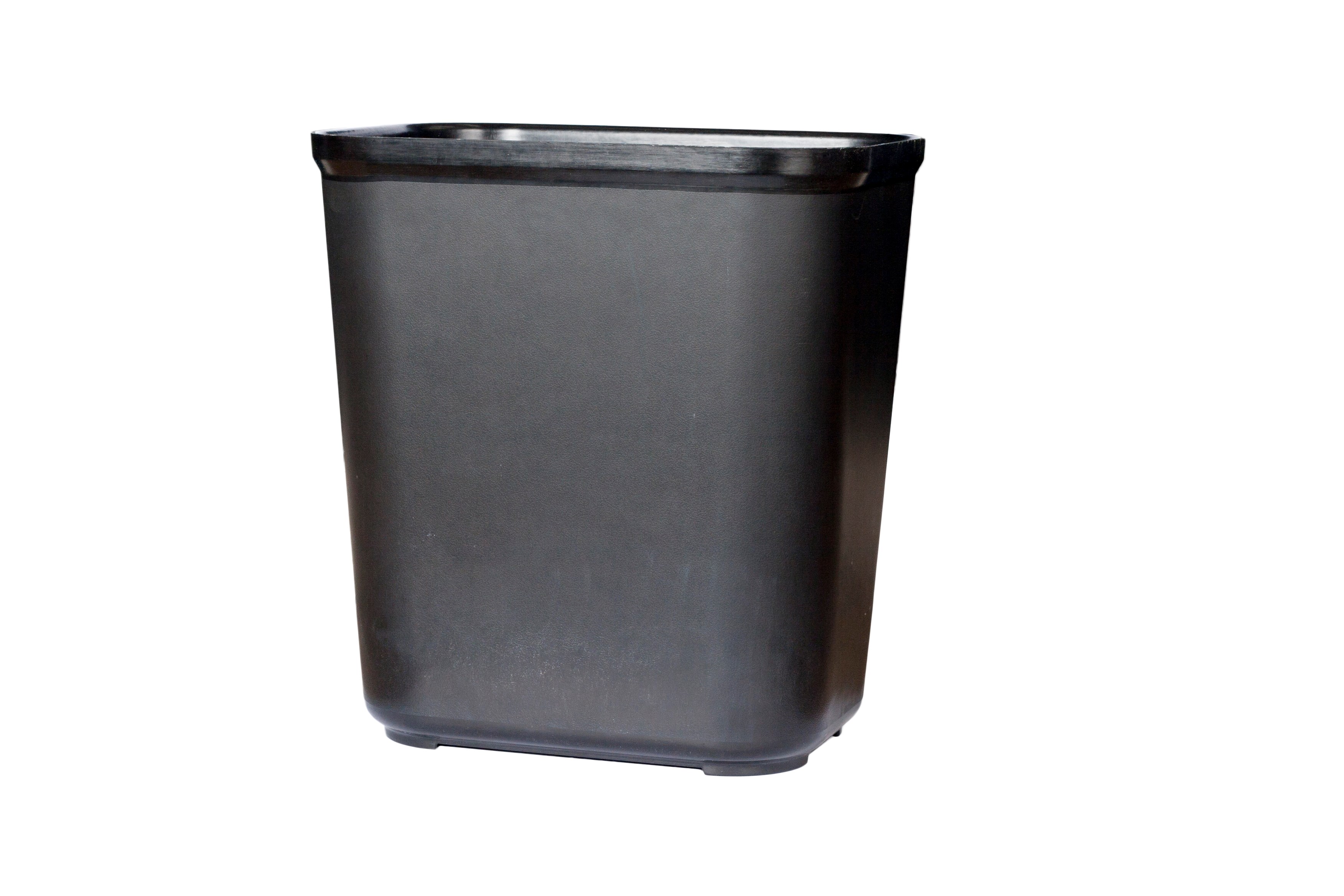The Rubbermaid Commercial Fire-Resistant Wastebasket features a contemporary shape with a UL rating.