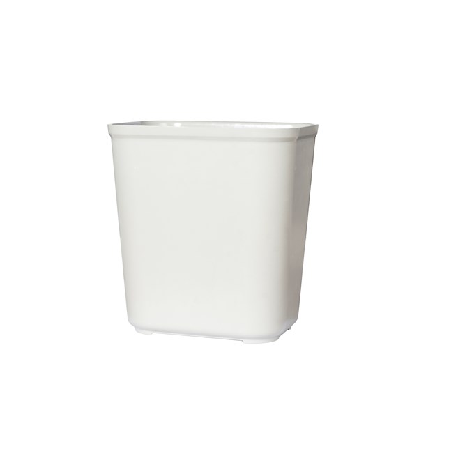The Rubbermaid Commercial Fire-Resistant Wastebasket features a contemporary shape with a UL rating.