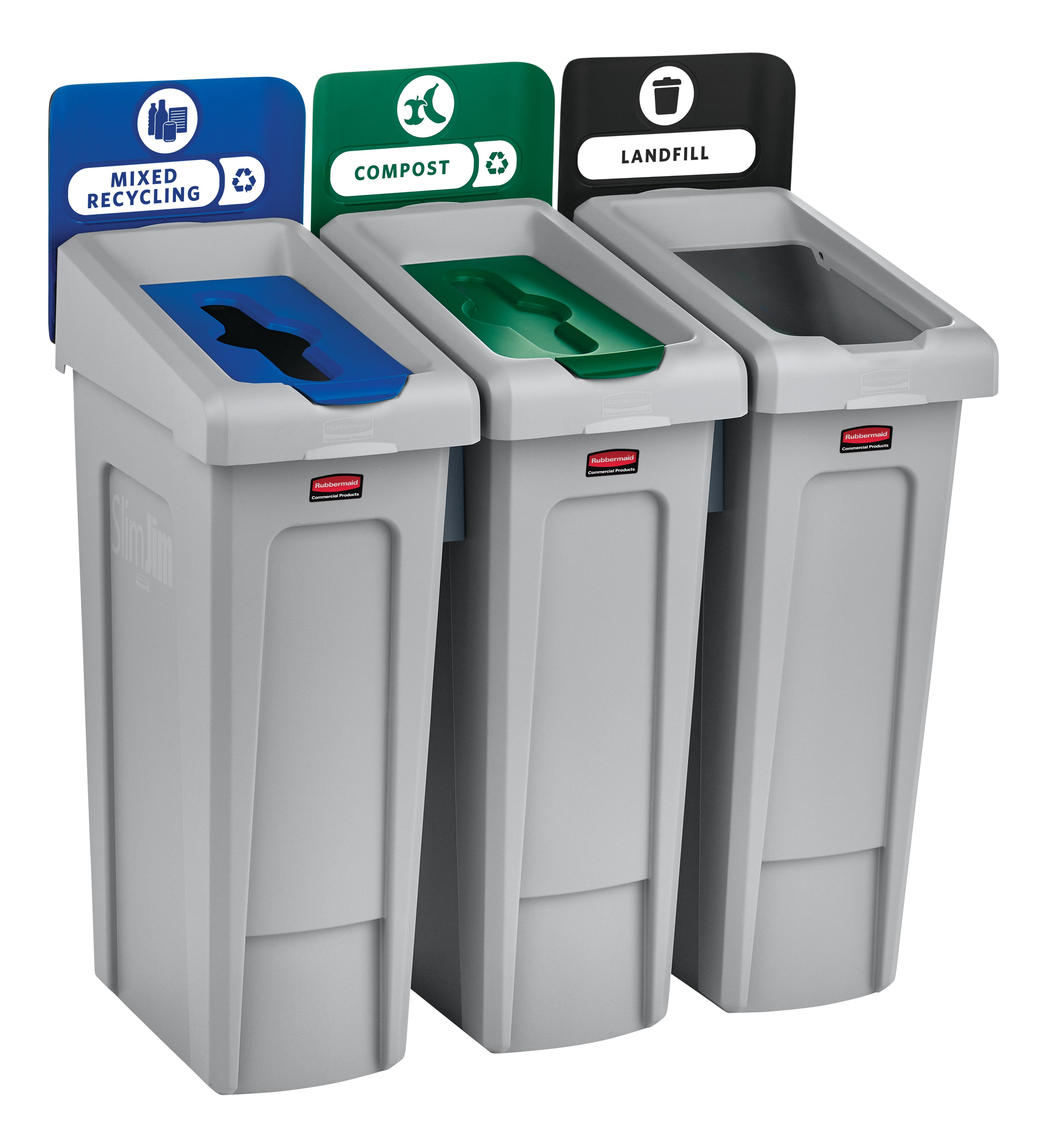 Slim Jim® Recycling Station 3-Stream Landfill/Mixed Recycling/Compost, 23 Gal